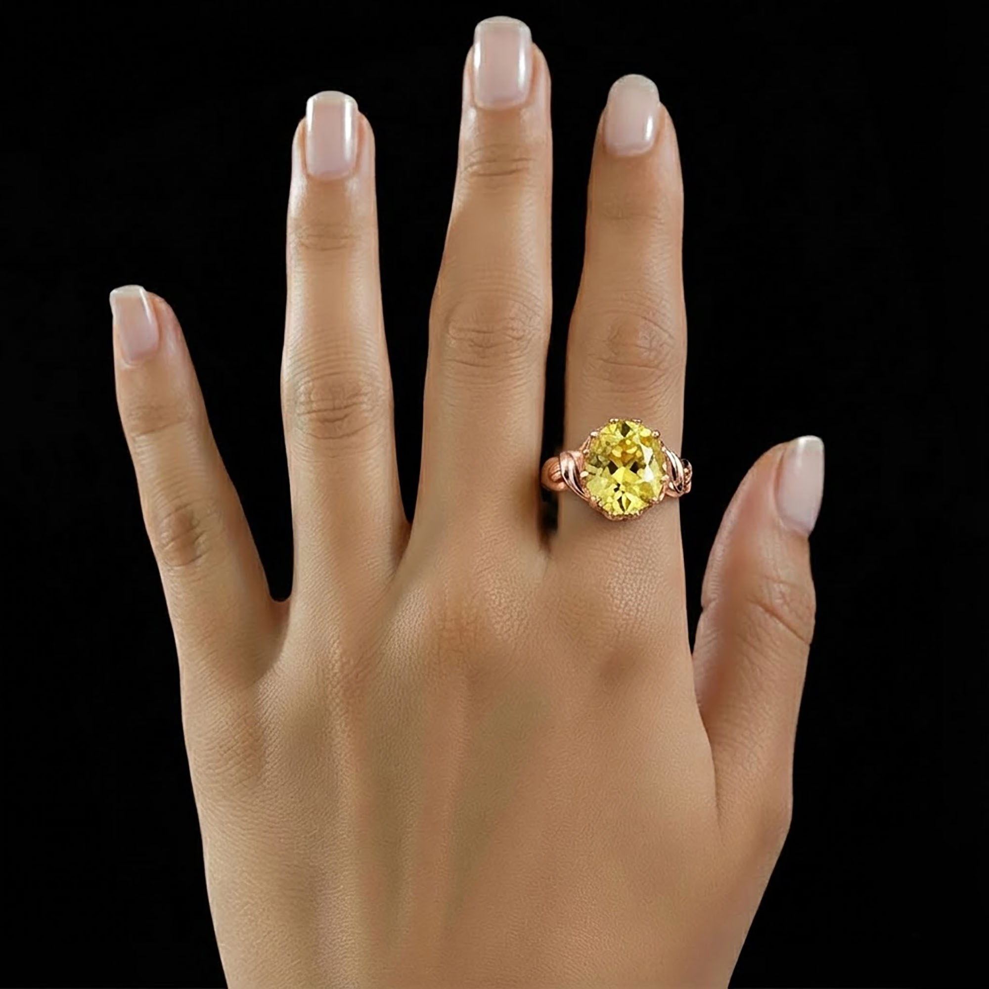 Yellow Sapphire (Pukhraj) Antique Ring for Women in 18K Rose Gold – Oval 13x10 mm, Prong Setting, 4 g (Design KA-10) thumbnail