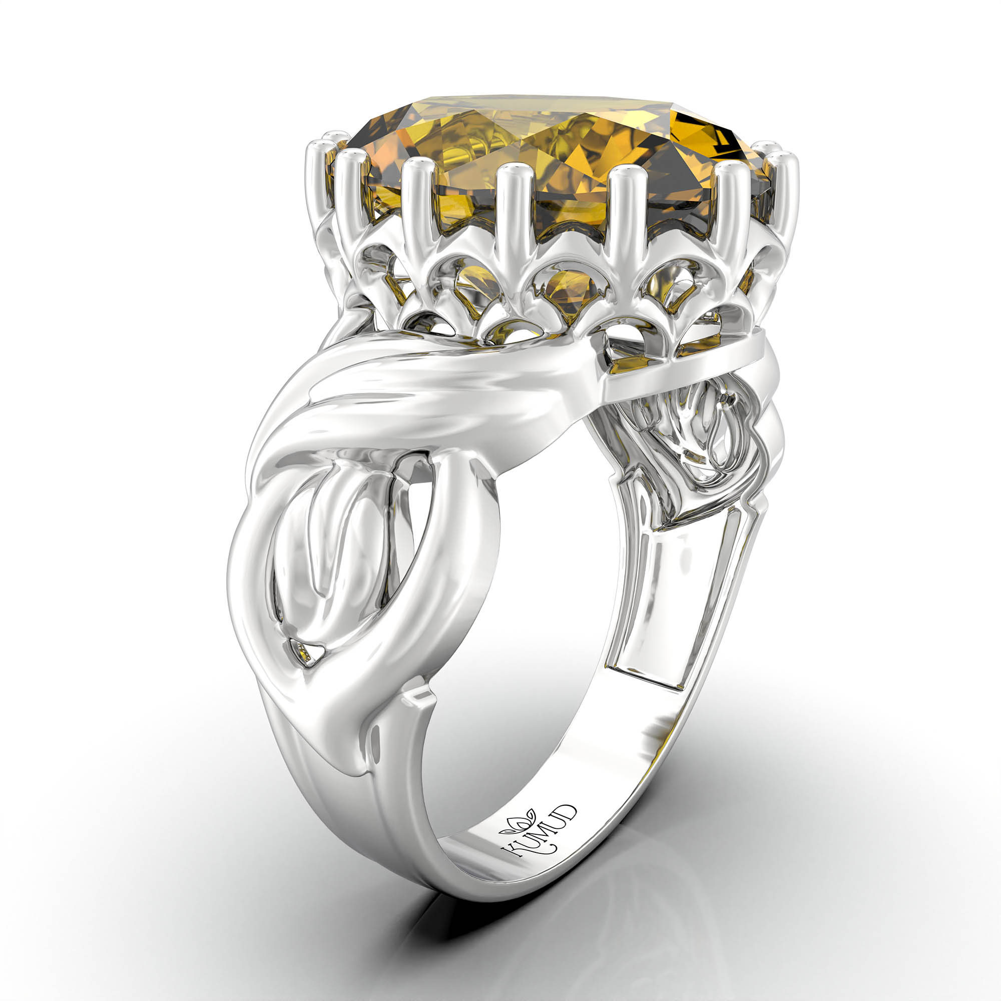 Yellow Sapphire (Pukhraj) Antique Ring for Women in 18K White Gold – Oval 13x10 mm, Prong Setting, 4 g (Design KA-10) thumbnail