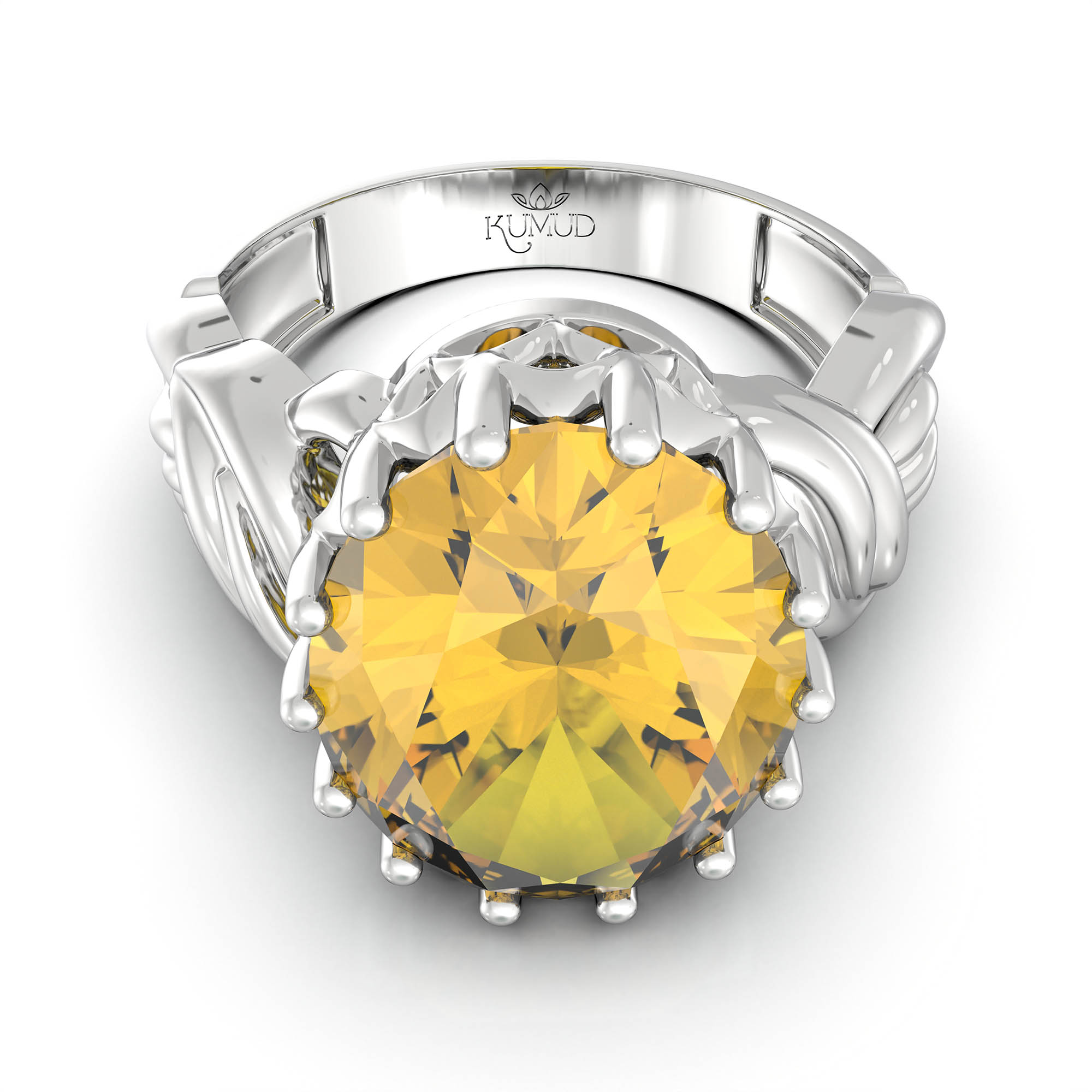 Yellow Sapphire (Pukhraj) Antique Ring for Women in 18K White Gold – Oval 13x10 mm, Prong Setting, 4 g (Design KA-10) thumbnail
