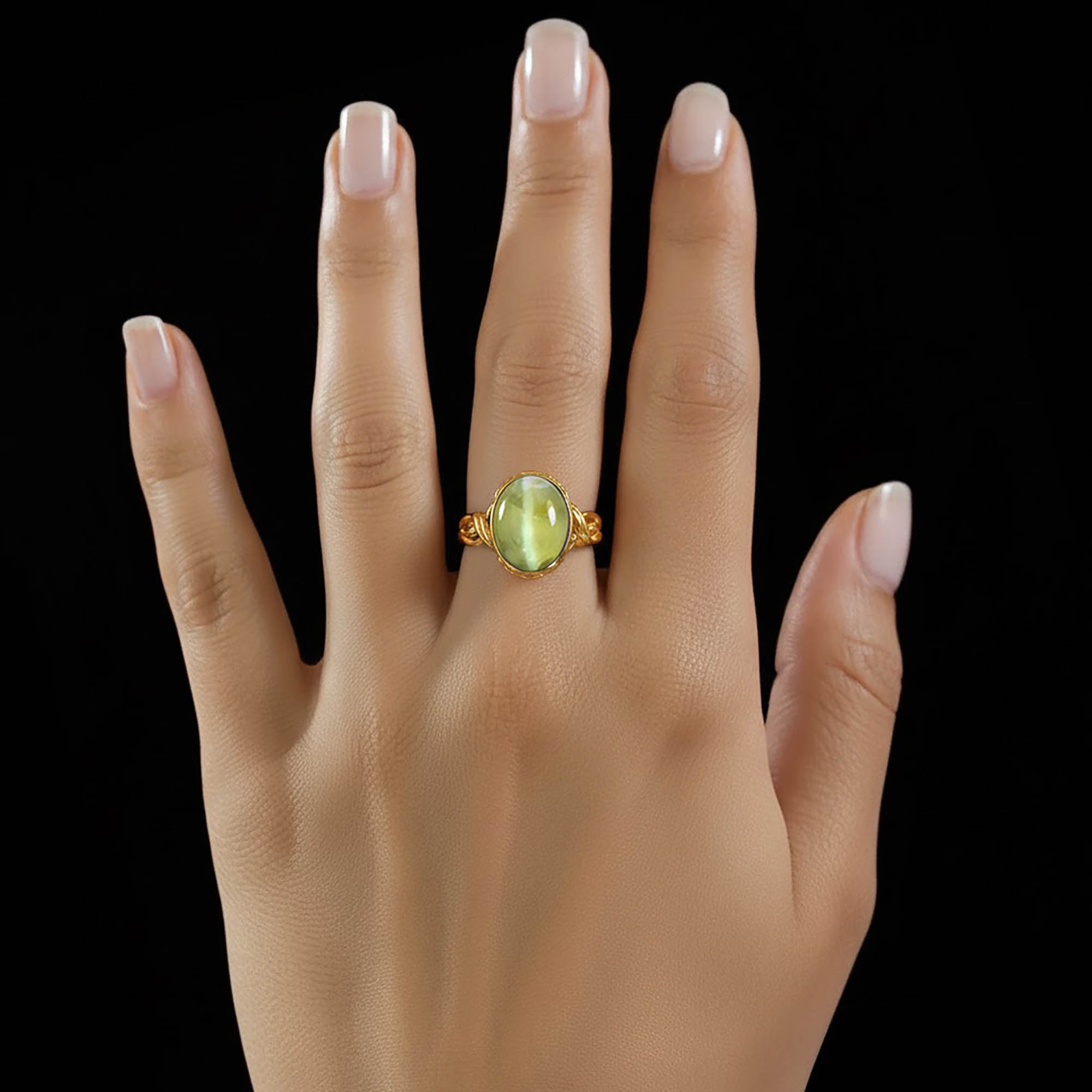 Cat's Eye (Lehsunia) Antique Ring for Women in 22K Yellow Gold – Oval Cabochon 13x10 mm, Bezel Setting, 4 g (Design KA-10) thumbnail