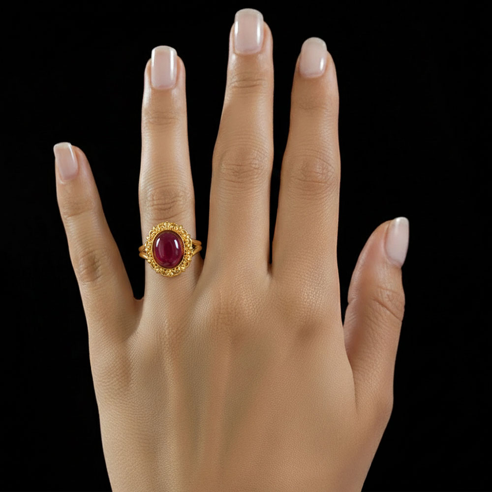 Ruby (Manik) Antique Ring for Women in 22K Yellow Gold – Oval Cabochon 11x9 mm, Bezel Setting, 6 g (Design KA-12) thumbnail