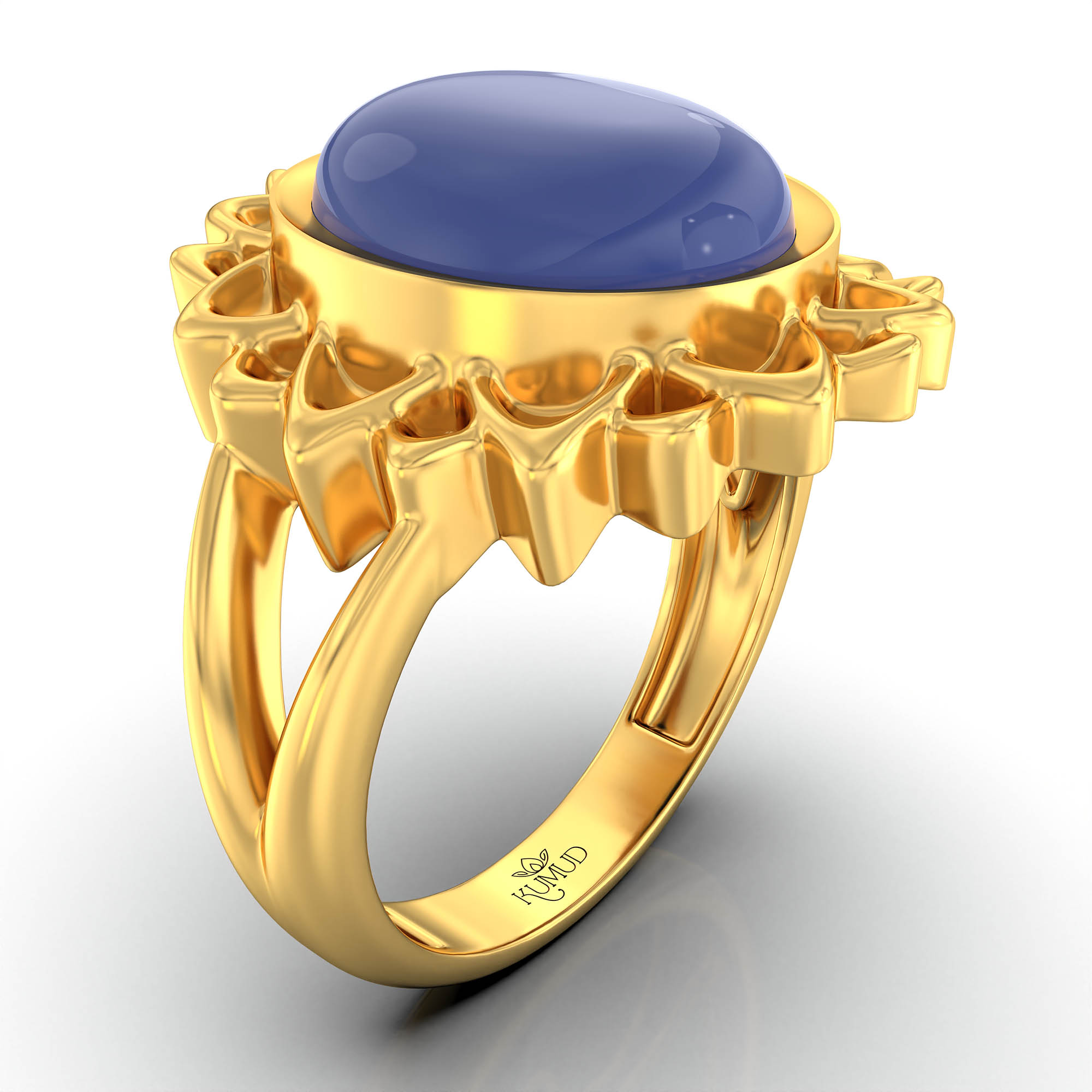 Blue Sapphire (Neelam) Antique Ring for Women in 22K Yellow Gold – Oval Cabochon 11x9 mm, Bezel Setting, 6 g (Design KA-13) thumbnail