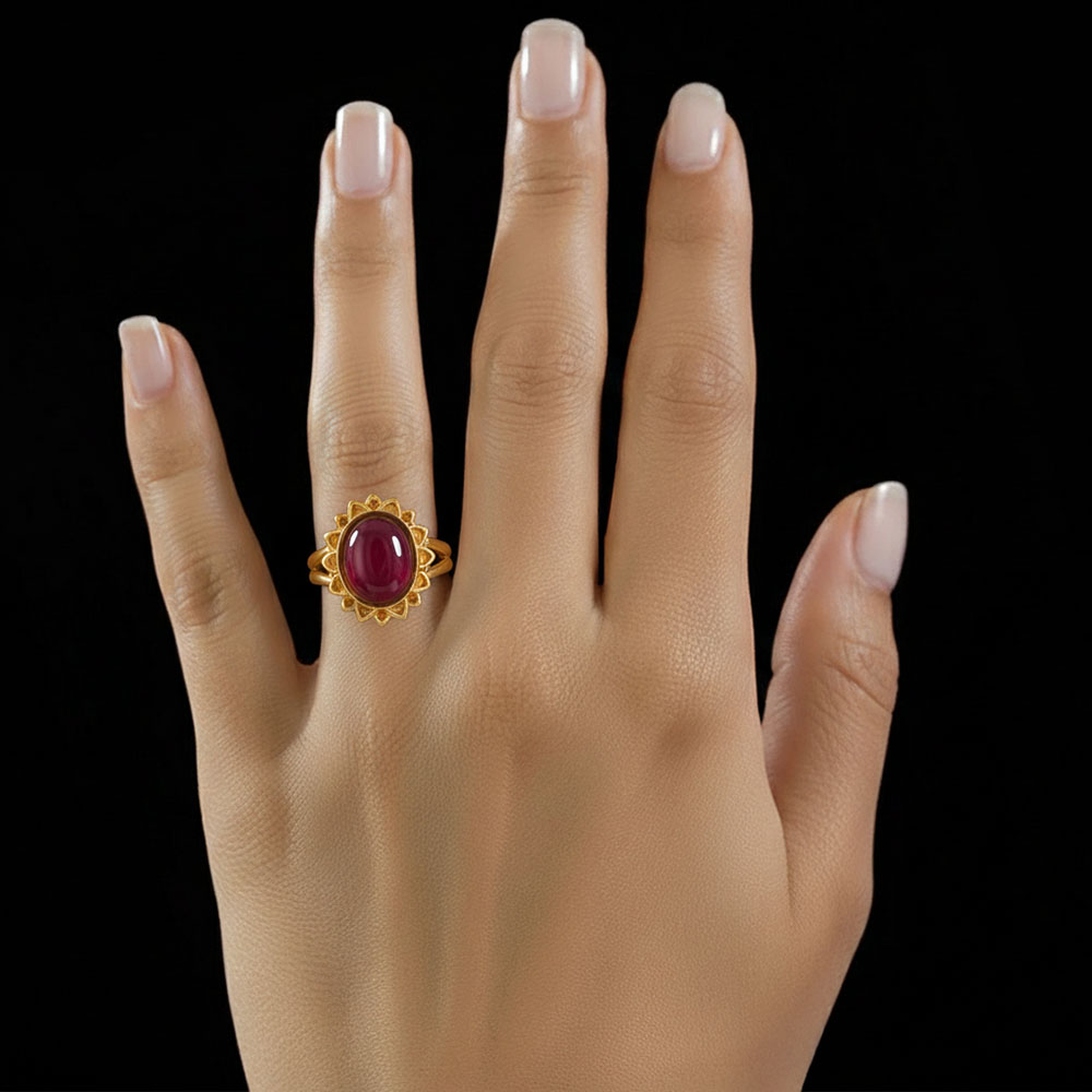 Ruby (Manik) Antique Ring for Women in 22K Yellow Gold – Oval Cabochon 11x9 mm, Bezel Setting, 6 g (Design KA-13) thumbnail