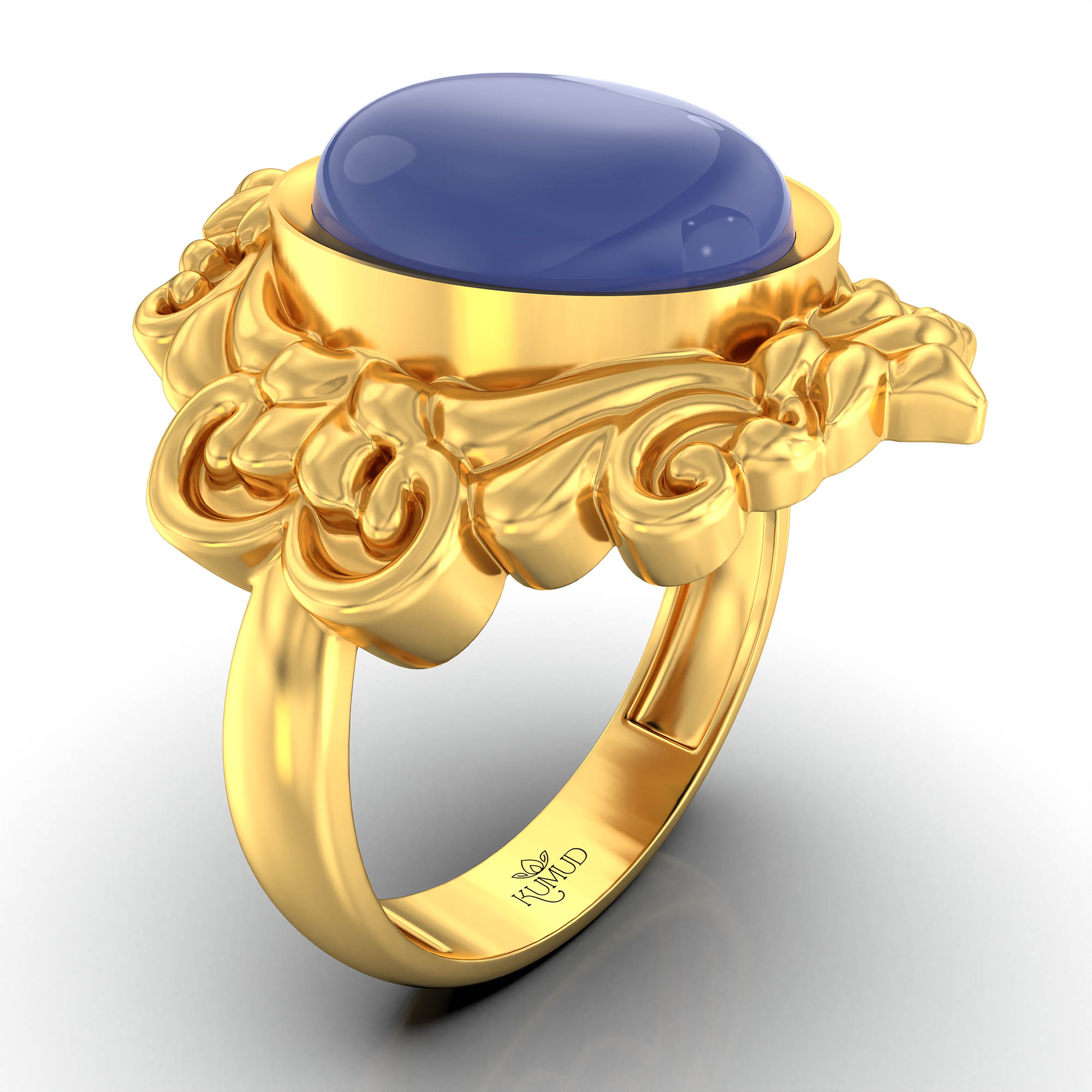 Blue Sapphire (Neelam) Antique Ring for Women in 22K Yellow Gold – Oval Cabochon 11x9 mm, Bezel Setting, 6 g (Design KA-15) thumbnail