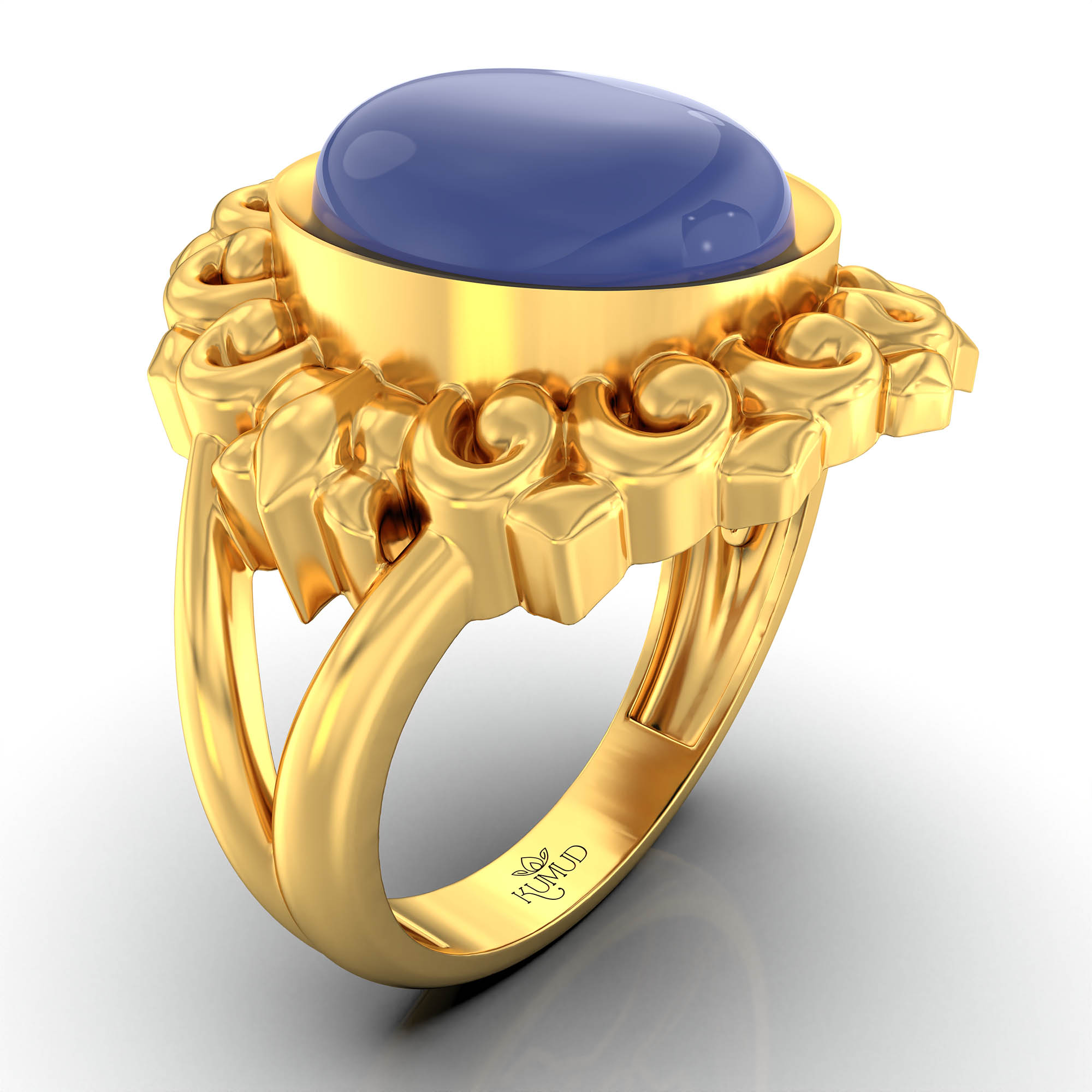Blue Sapphire (Neelam) Antique Ring for Women in 22K Yellow Gold – Oval Cabochon 11x9 mm, Bezel Setting, 6 g (Design KA-17) thumbnail