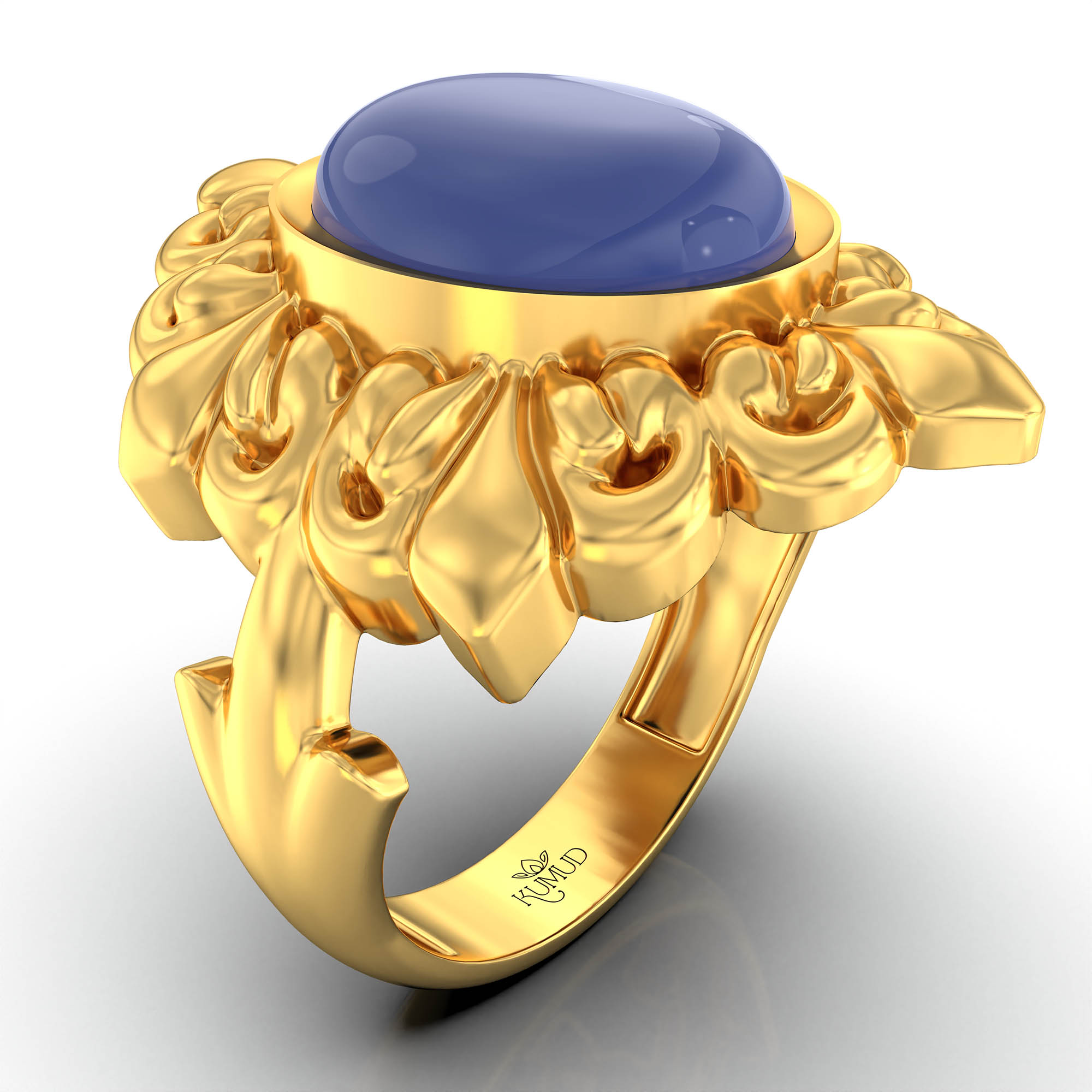 Blue Sapphire (Neelam) Antique Ring for Women in 22K Yellow Gold – Oval Cabochon 11x9 mm, Bezel Setting, 6 g (Design KA-19) thumbnail