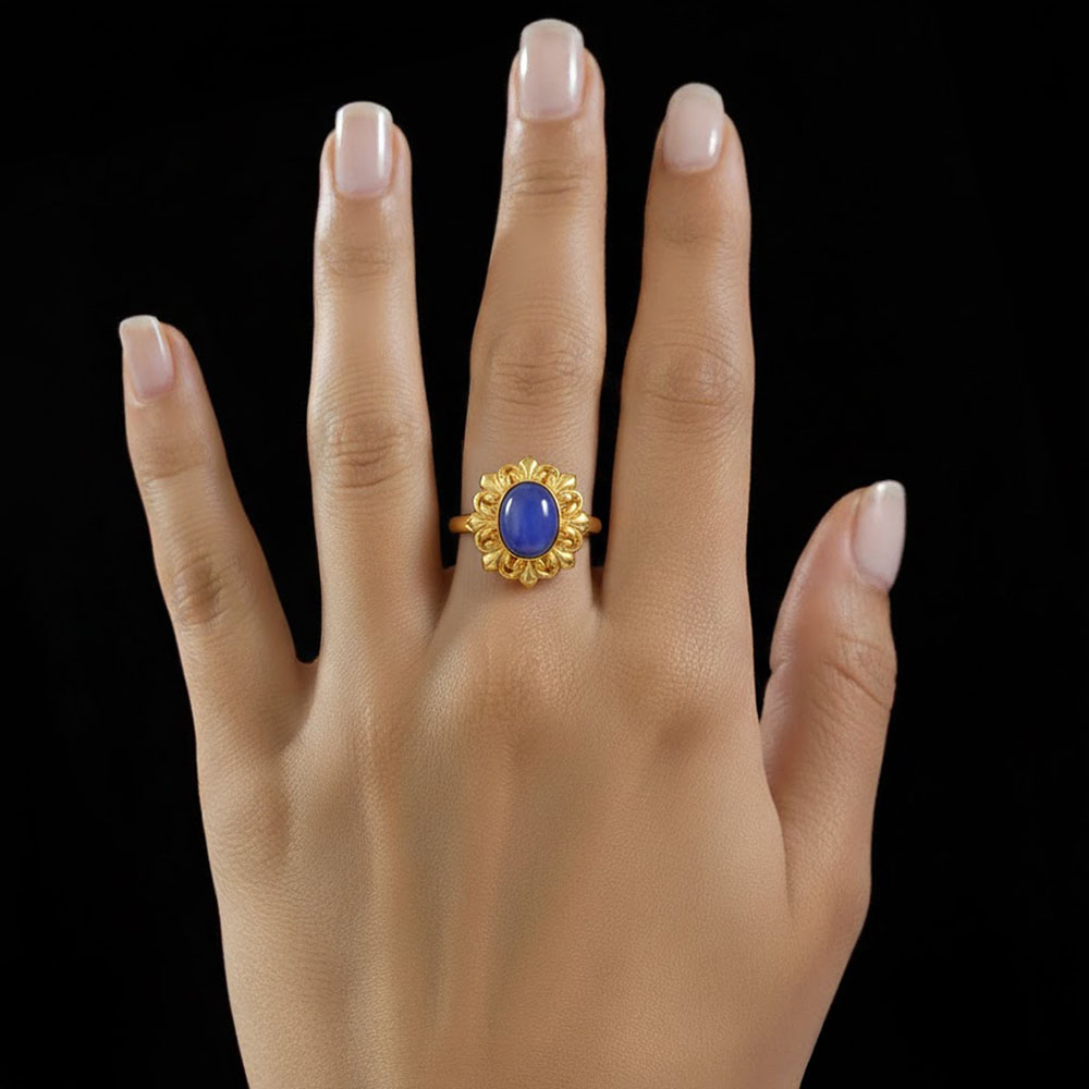 Blue Sapphire (Neelam) Antique Ring for Women in 22K Yellow Gold – Oval Cabochon 11x9 mm, Bezel Setting, 6 g (Design KA-19) thumbnail