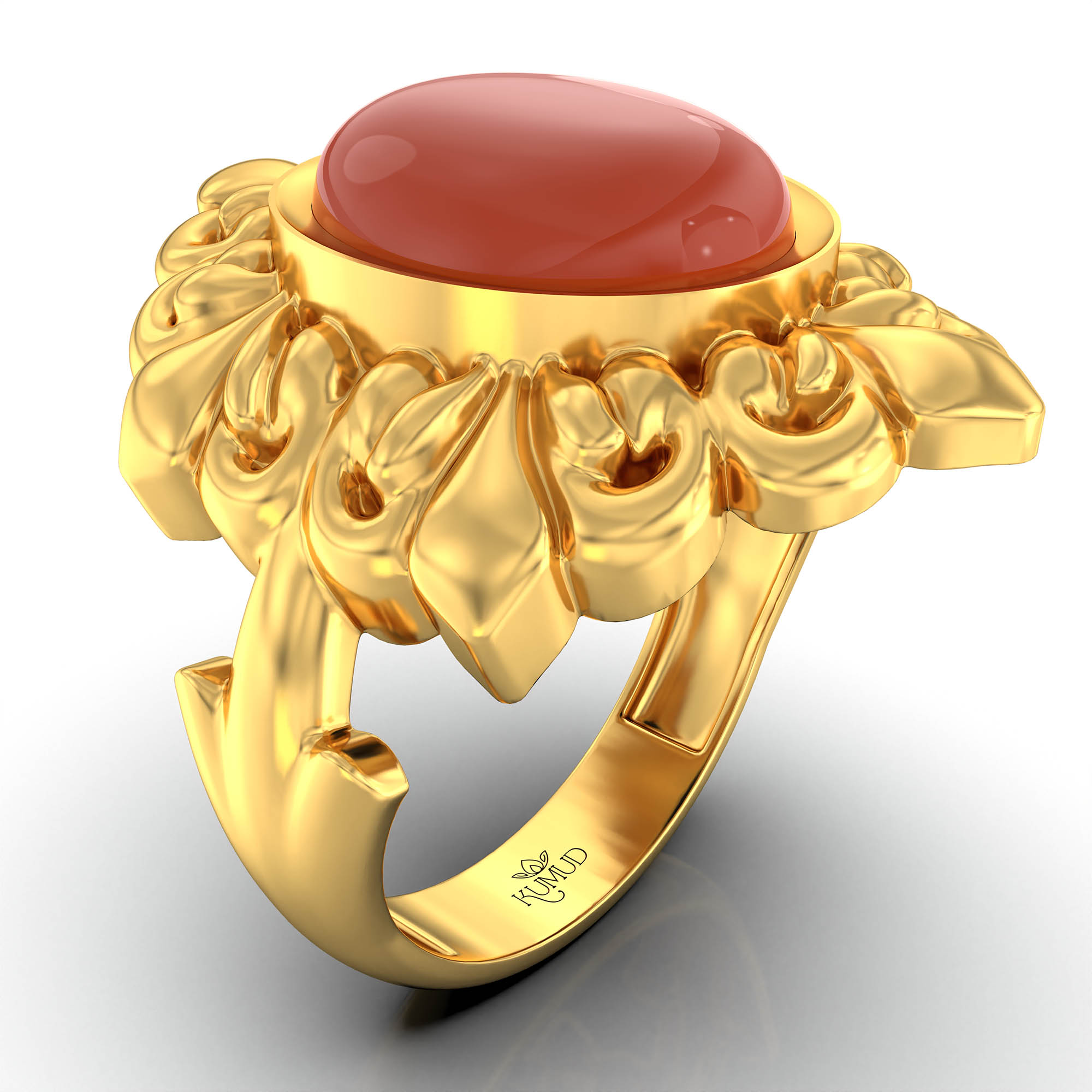 Red Coral (Moonga) Antique Ring for Women in 22K Yellow Gold – Oval Cabochon 11x9 mm, Bezel Setting, 6 g (Design KA-19) thumbnail