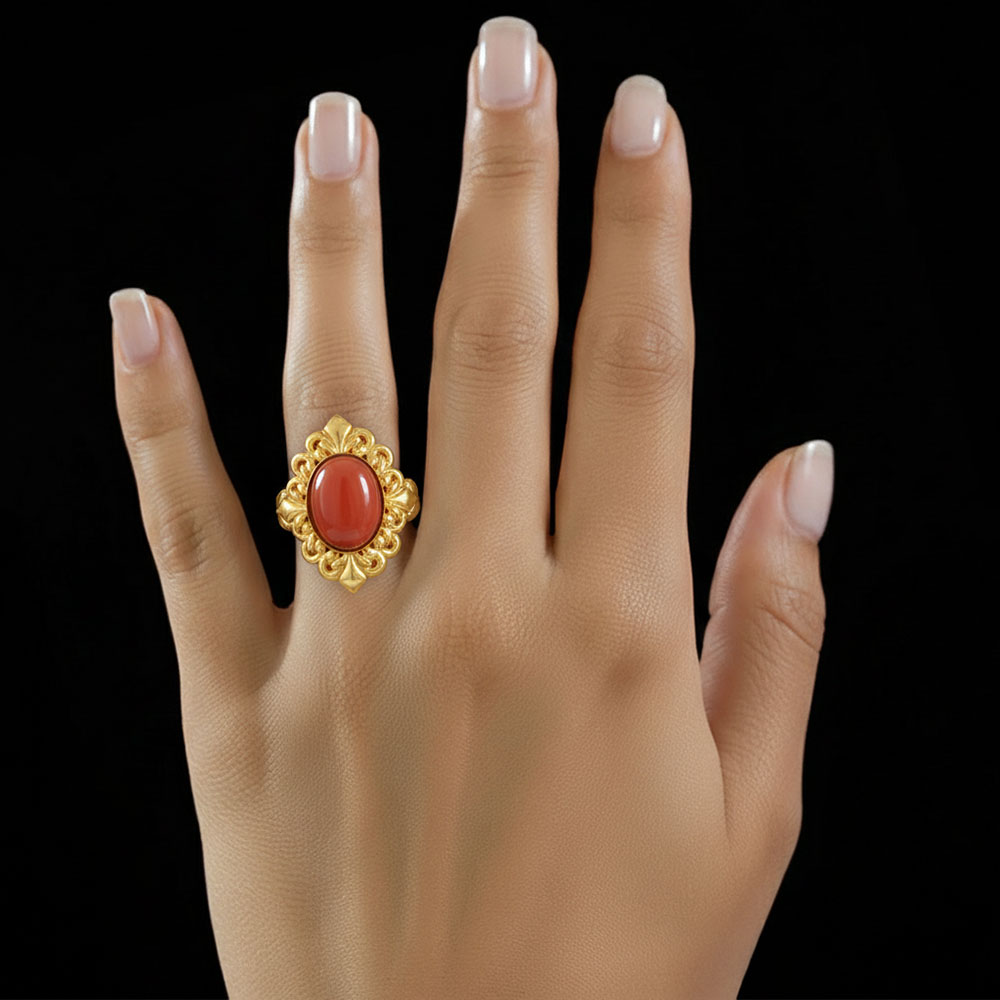 Red Coral (Moonga) Antique Ring for Women in 22K Yellow Gold – Oval Cabochon 11x9 mm, Bezel Setting, 6 g (Design KA-19) thumbnail