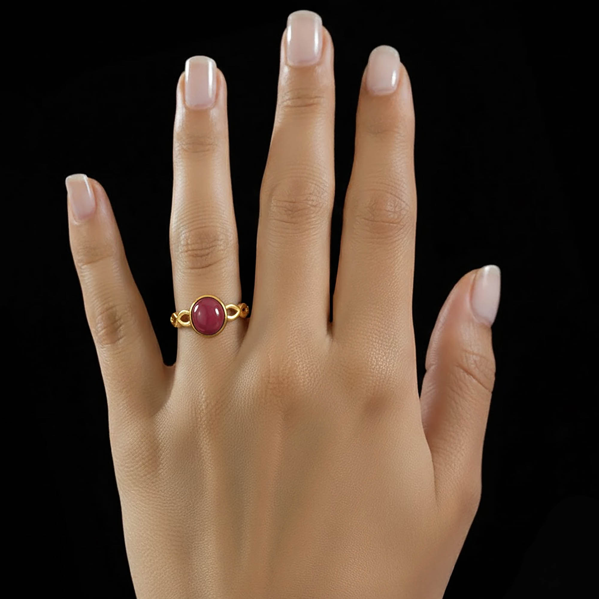 Ruby (Manik) Ring for Women in 22K Yellow Gold – Oval Cabochon 9x8 mm, Bezel Setting, 3 g (Design KF-1) thumbnail