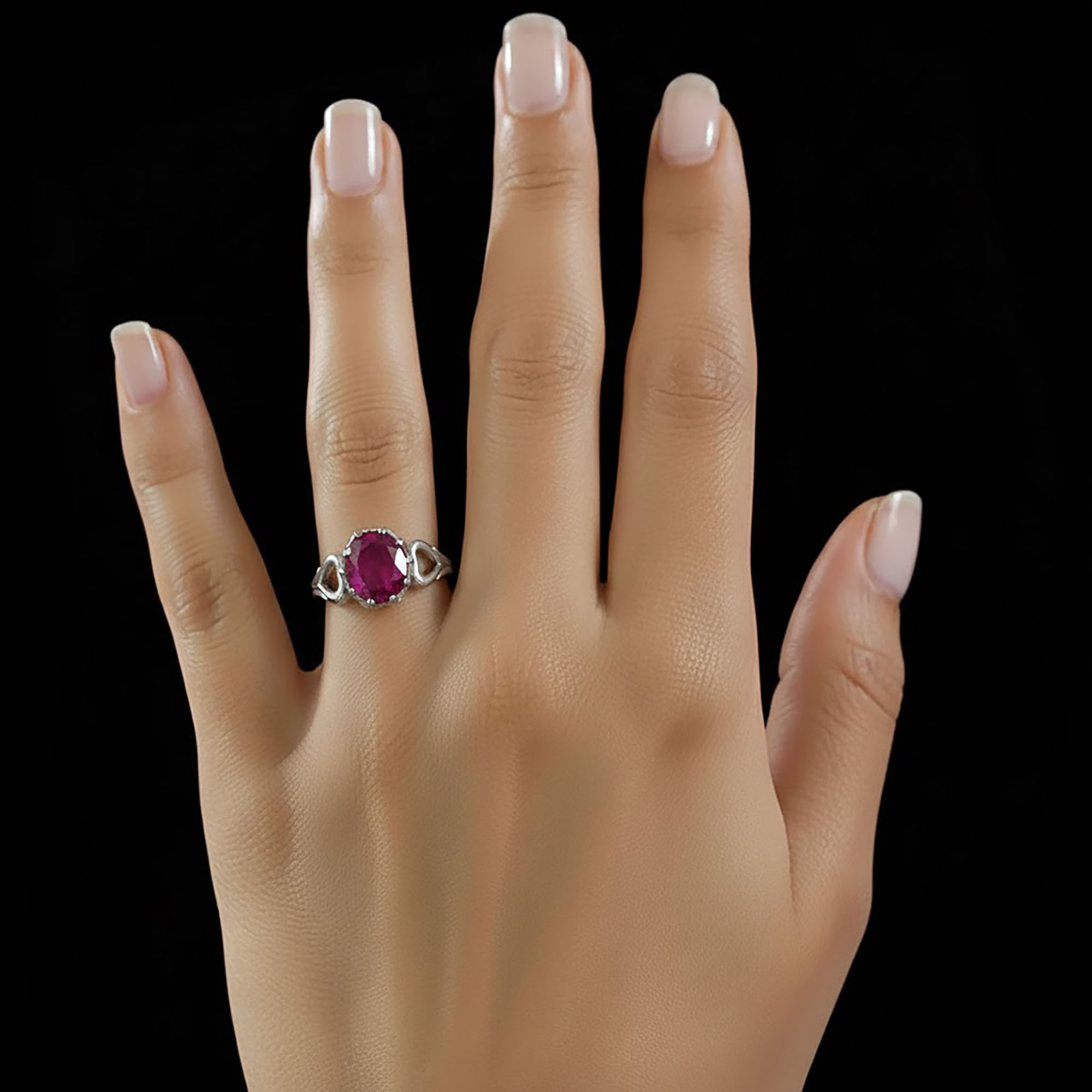 Ruby (Manik) Ring for Women in 18K White Gold – Oval 9x8 mm, Prong Setting, 3 g (Design KF-2) thumbnail