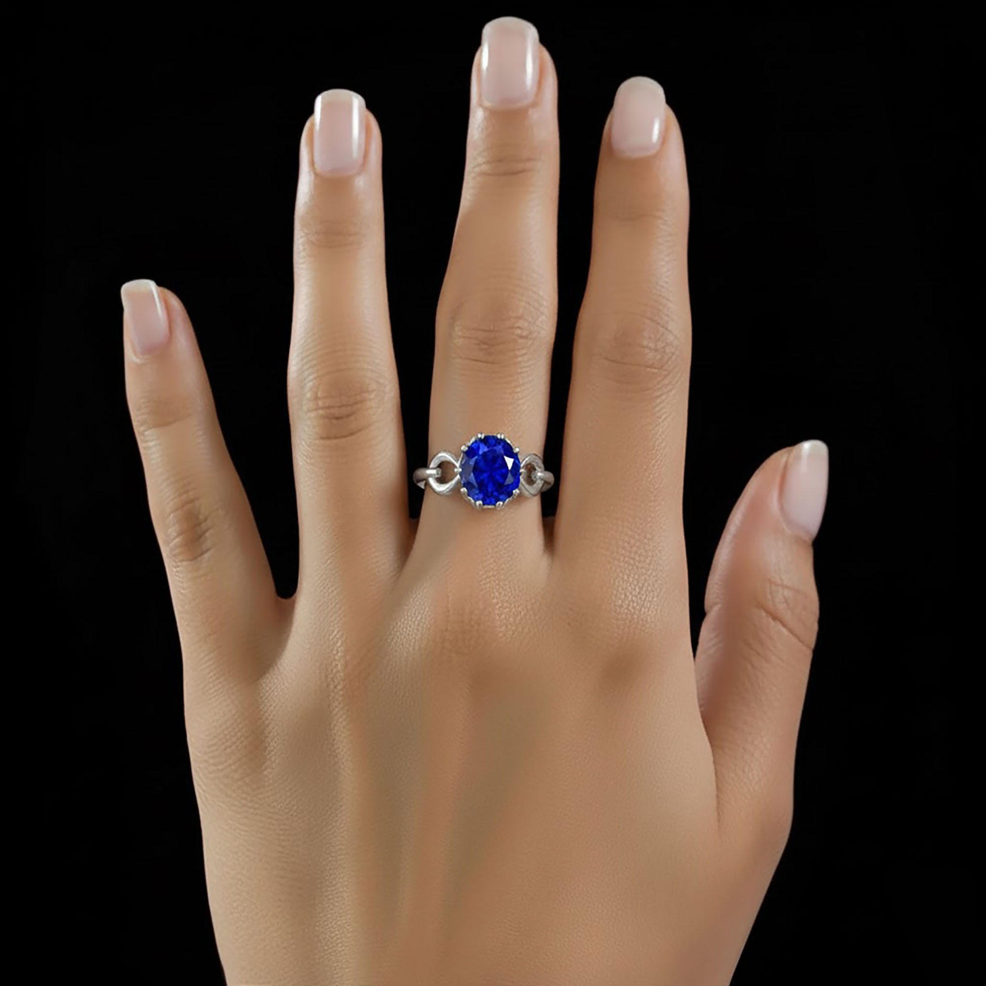Blue Sapphire (Neelam) Ring for Women in 18K White Gold – Oval 9x8 mm, Prong Setting, 3 g (Design KF-3) thumbnail