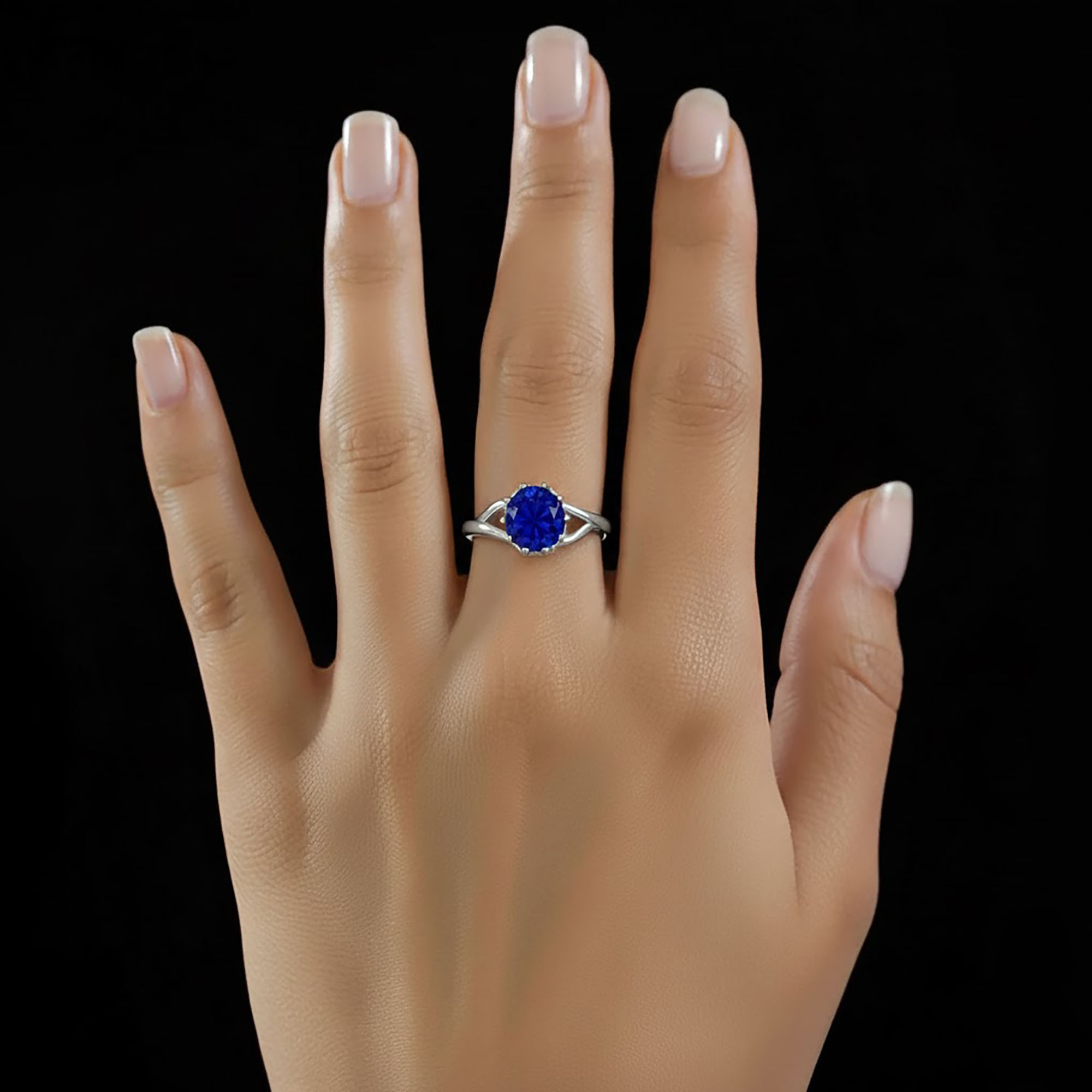 Blue Sapphire (Neelam) Ring for Women in 18K White Gold – Oval 9x8 mm, Prong Setting, 3 g (Design KF-6) thumbnail