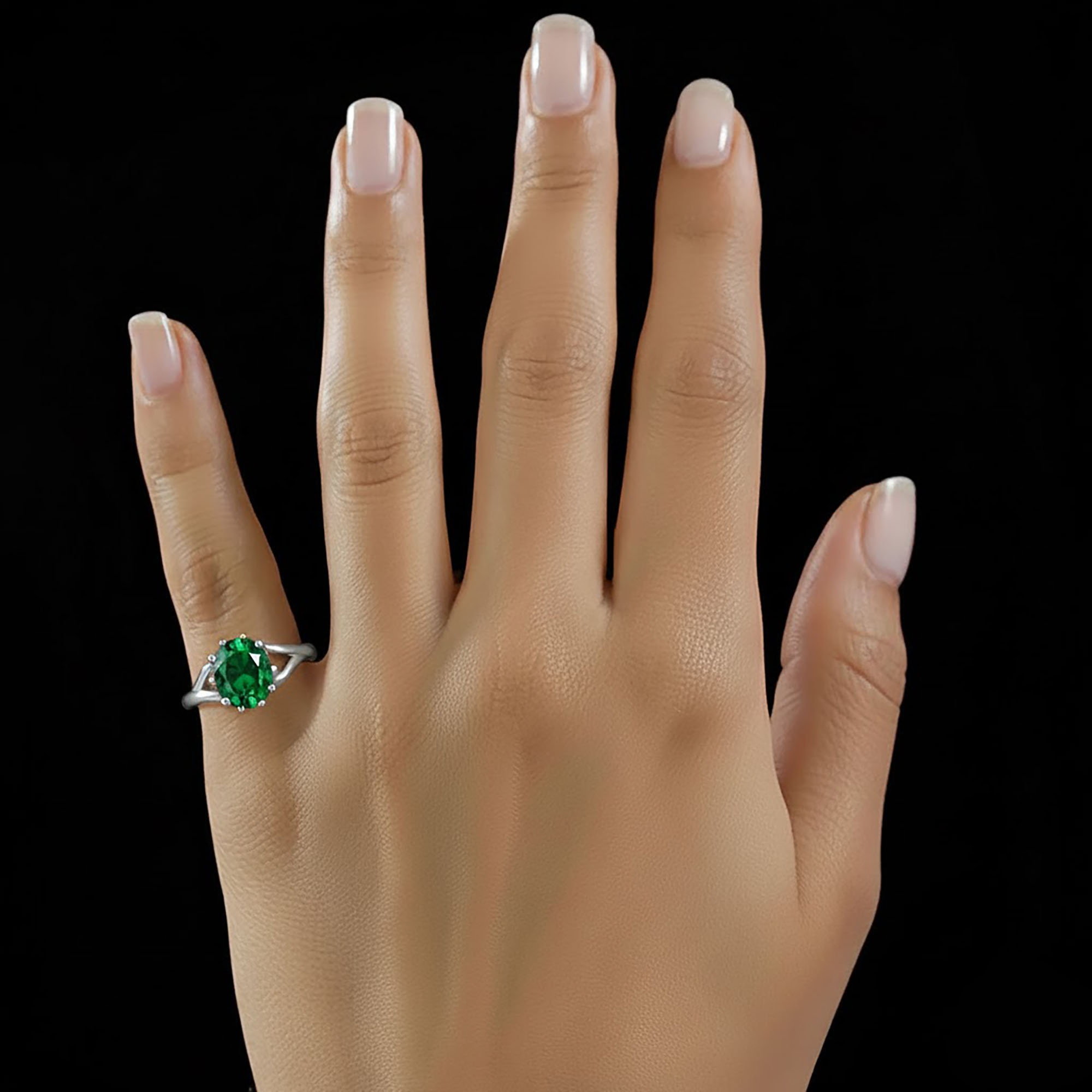 Emerald (Panna) Ring for Women in 18K White Gold – Oval 9x8 mm, Prong Setting, 3 g (Design KF-6) thumbnail