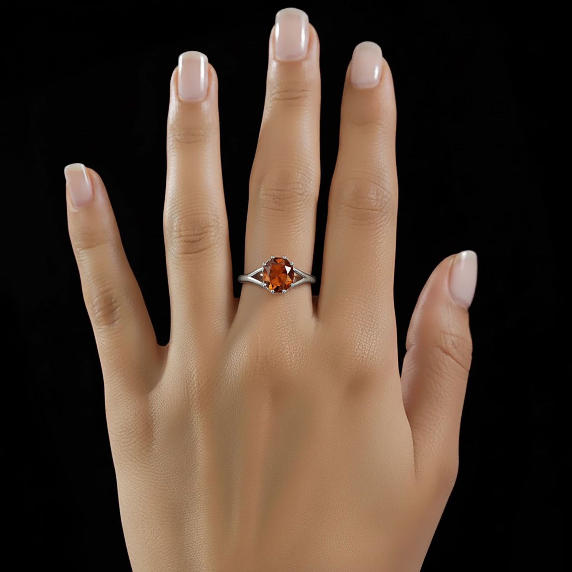 Hessonite (Gomed) Ring for Women in 925 Sterling Silver – Oval 9x8 mm, Prong Setting, 1.8 g (Design KF-6) thumbnail