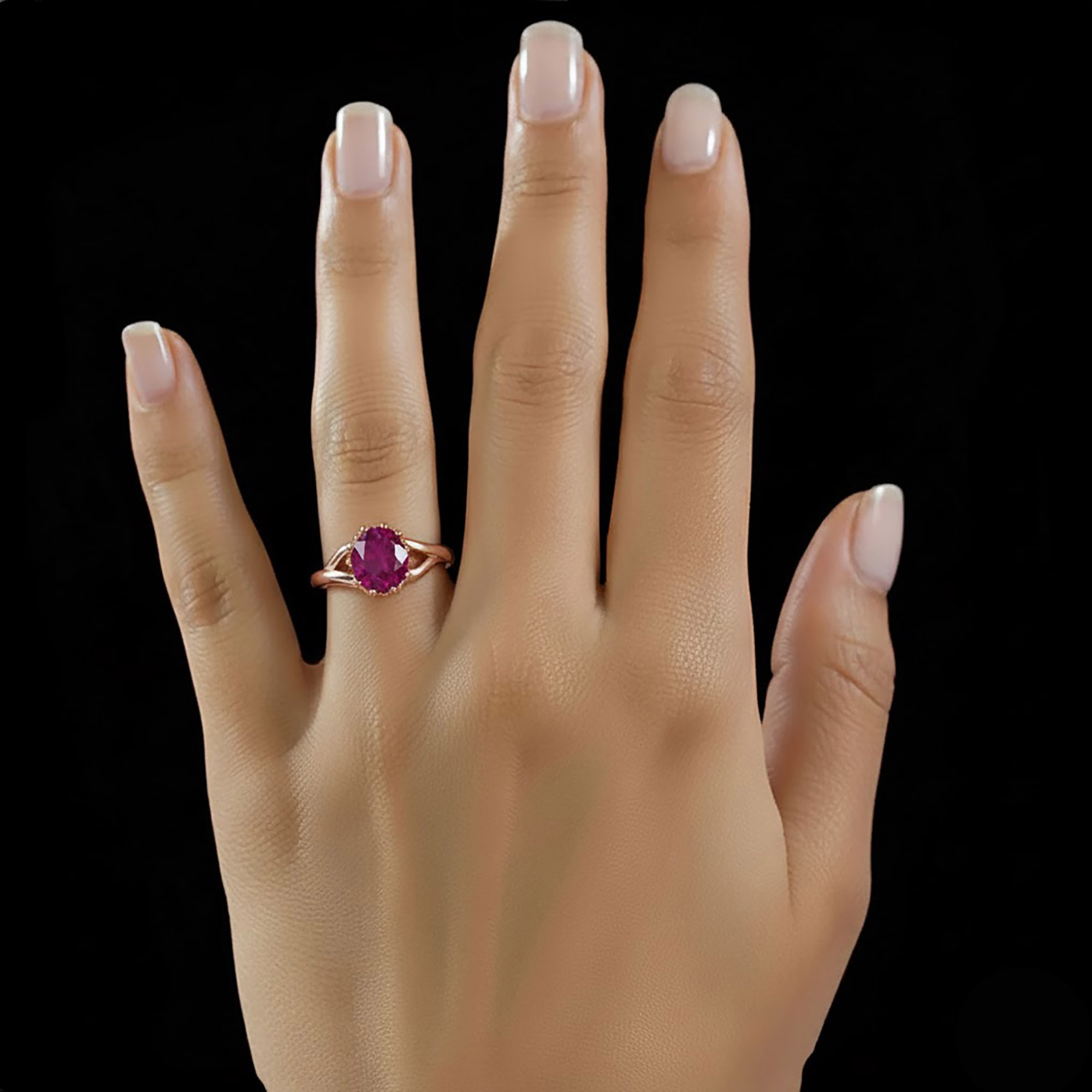 Ruby (Manik) Ring for Women in 18K Rose Gold – Oval 9x8 mm, Prong Setting, 3 g (Design KF-6) thumbnail