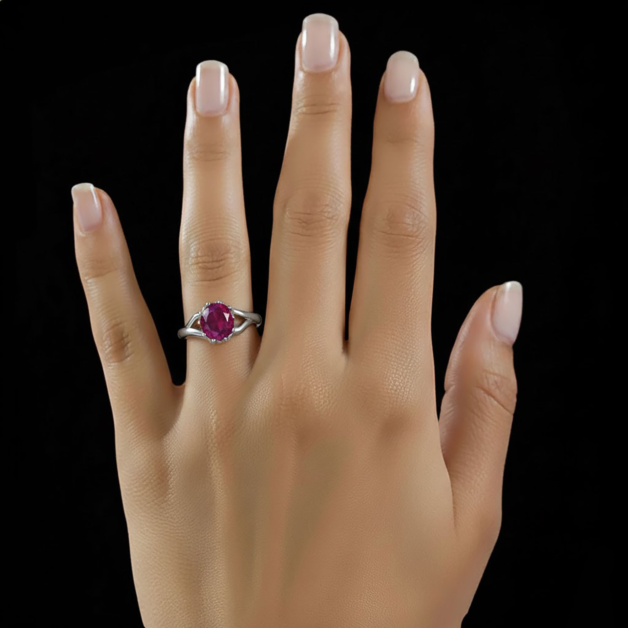 Ruby (Manik) Ring for Women in 18K White Gold – Oval 9x8 mm, Prong Setting, 3 g (Design KF-6) thumbnail