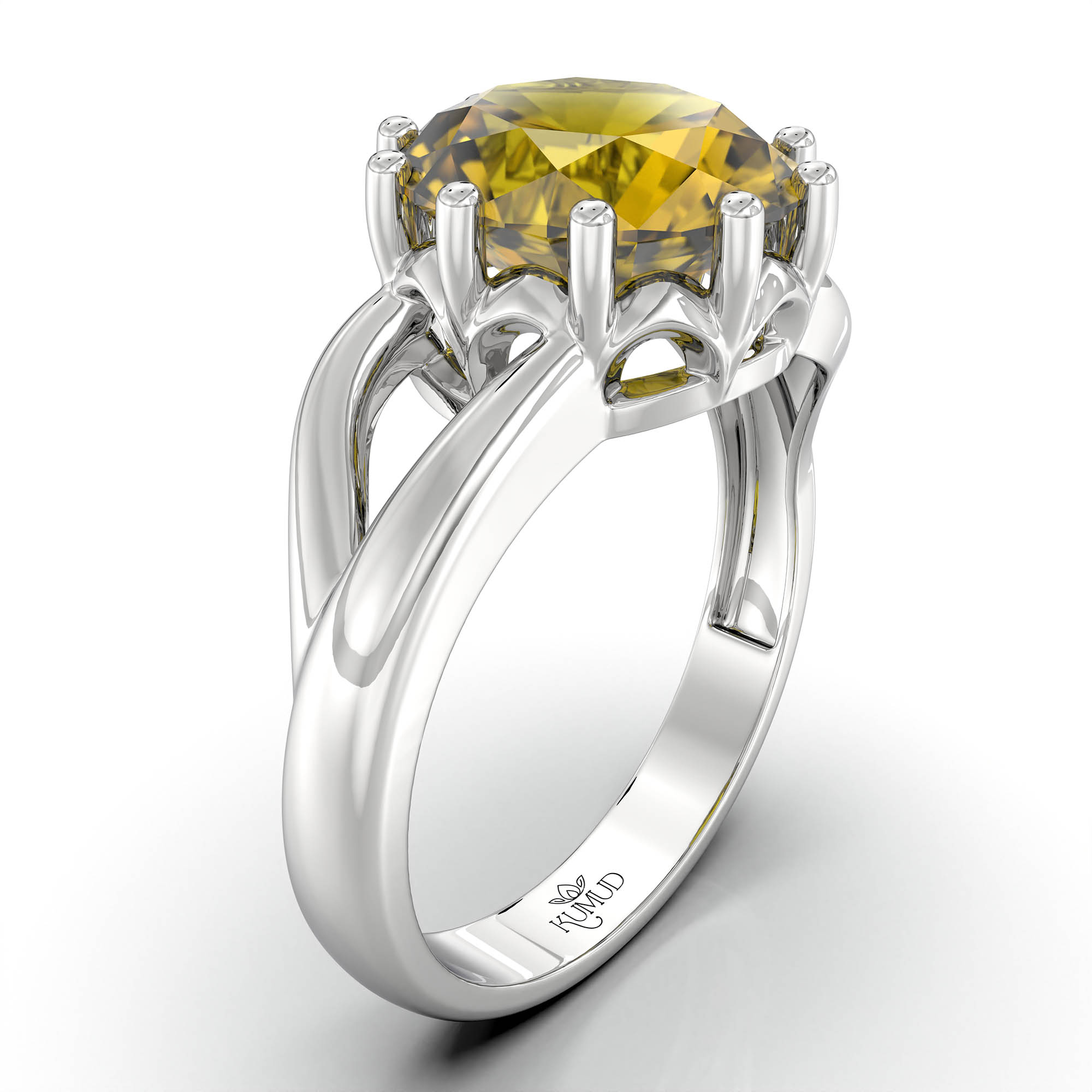 Yellow Sapphire (Pukhraj) Ring for Women in 18K White Gold – Oval 9x8 mm, Prong Setting, 3 g (Design KF-6) thumbnail