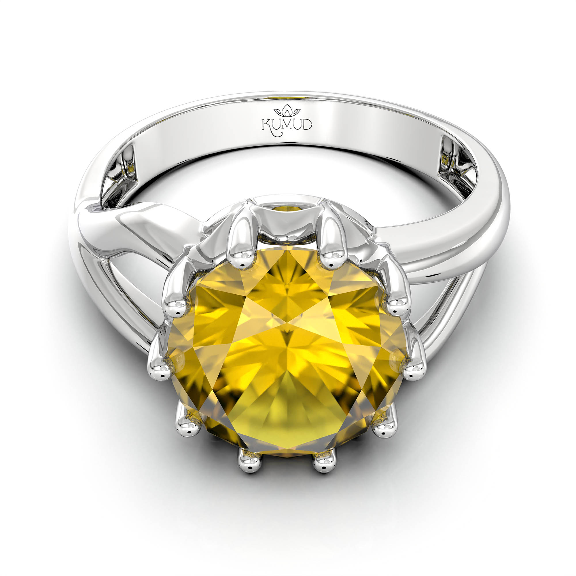 Yellow Sapphire (Pukhraj) Ring for Women in 18K White Gold – Oval 9x8 mm, Prong Setting, 3 g (Design KF-6) thumbnail