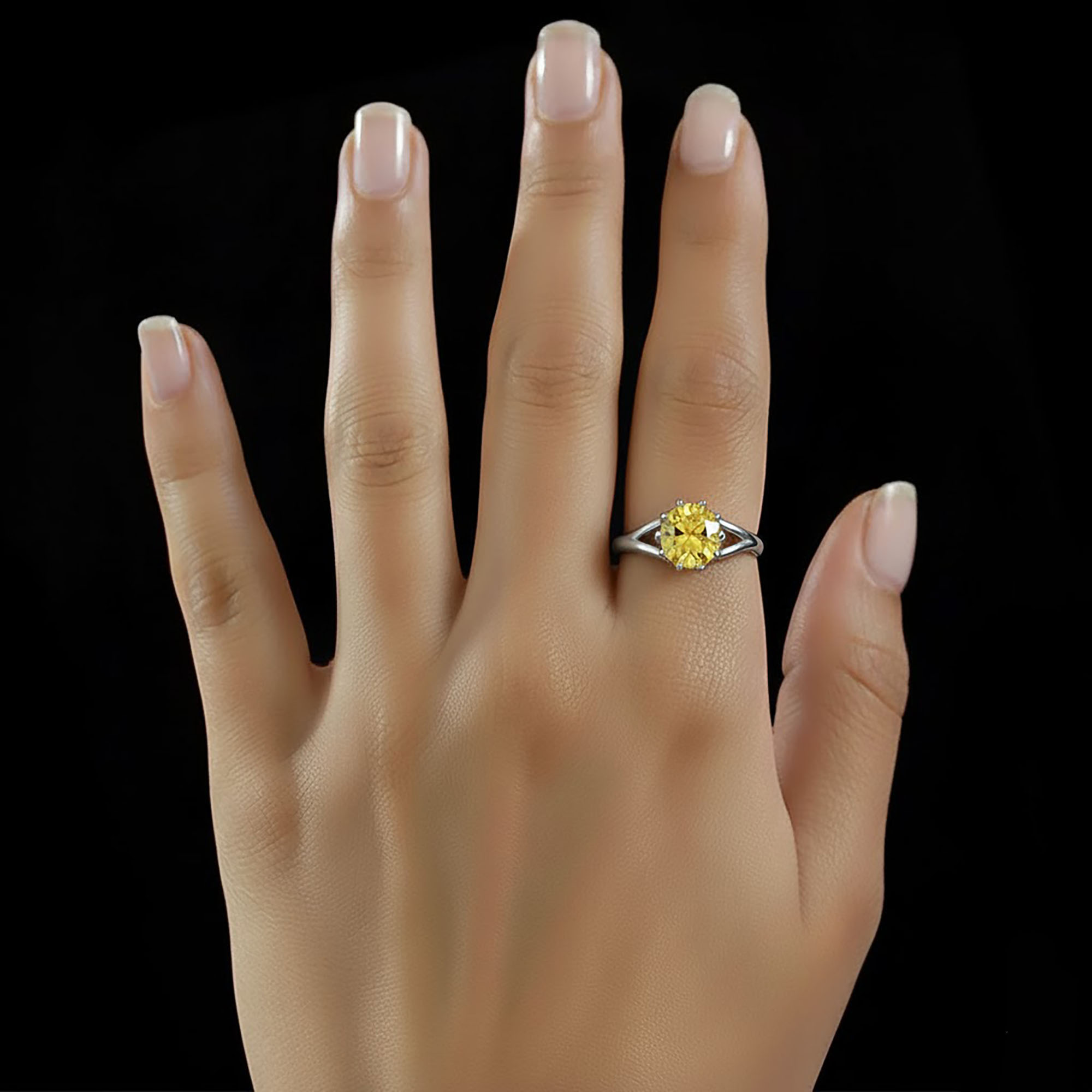 Yellow Sapphire (Pukhraj) Ring for Women in 18K White Gold – Oval 9x8 mm, Prong Setting, 3 g (Design KF-6) thumbnail