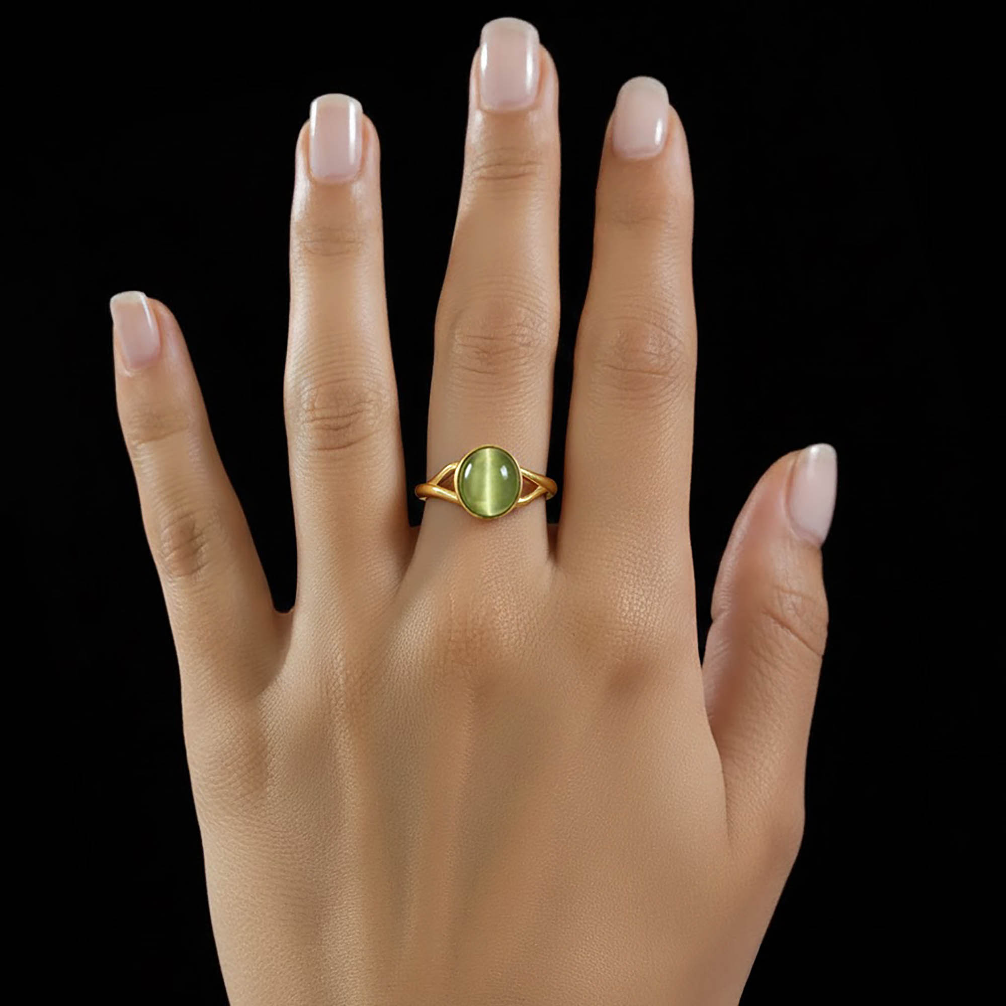 Cat's Eye (Lehsunia) Ring for Women in 22K Yellow Gold – Oval Cabochon 9x8 mm, Bezel Setting, 3 g (Design KF-6) thumbnail