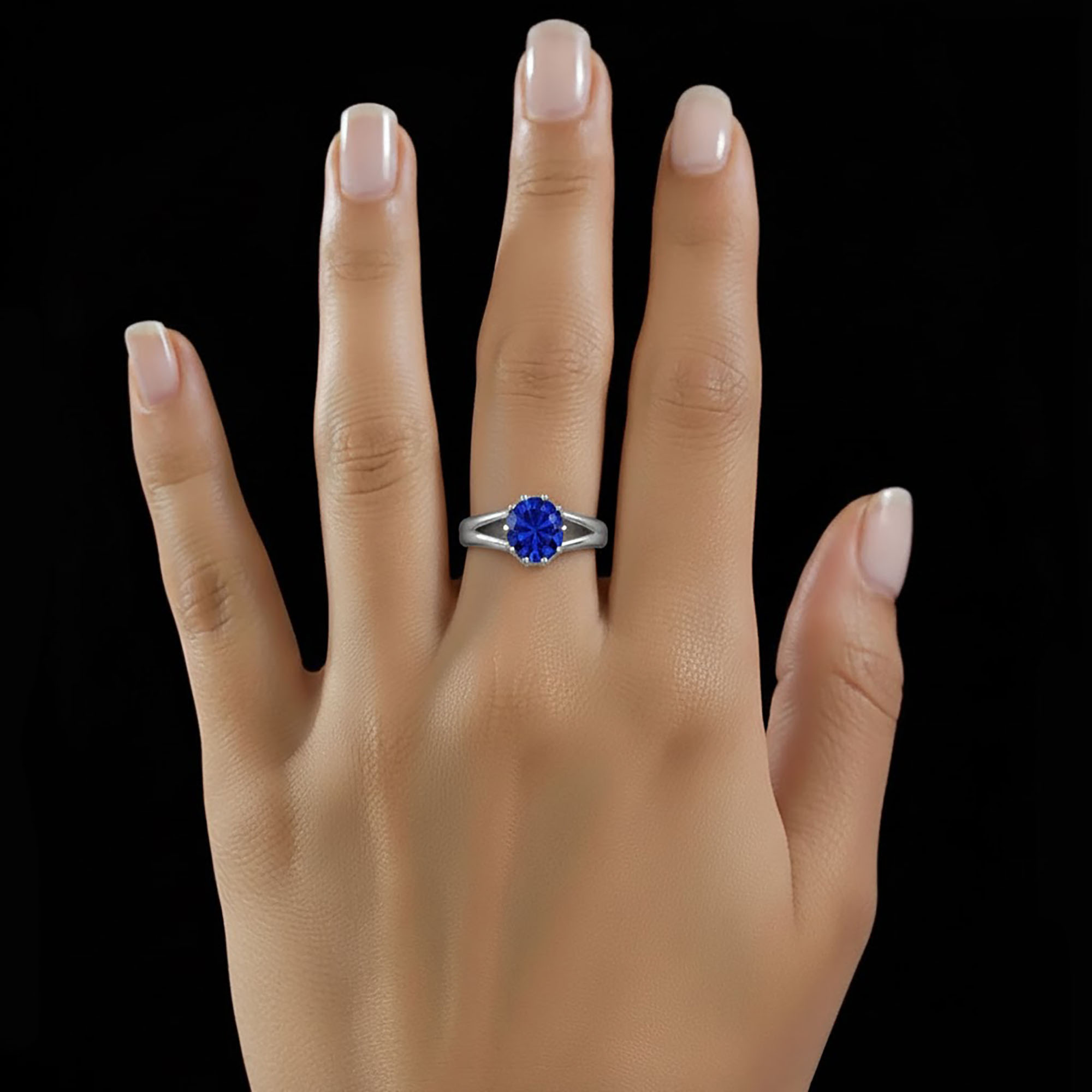 Blue Sapphire (Neelam) Ring for Women in 18K White Gold – Oval 9x8 mm, Prong Setting, 3 g (Design KF-7) thumbnail