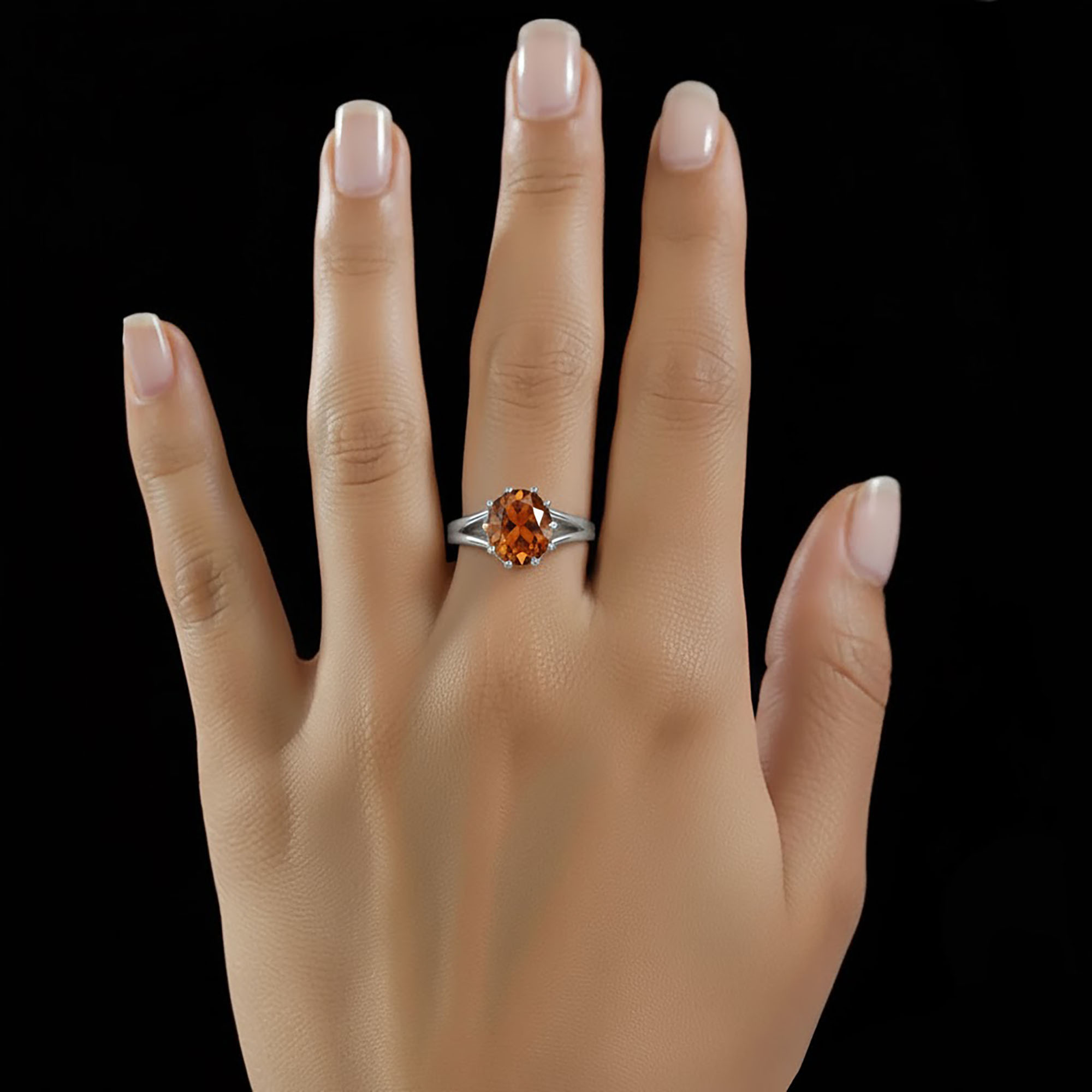 Hessonite (Gomed) Ring for Women in 925 Sterling Silver – Oval 9x8 mm, Prong Setting, 1.8 g (Design KF-7) thumbnail