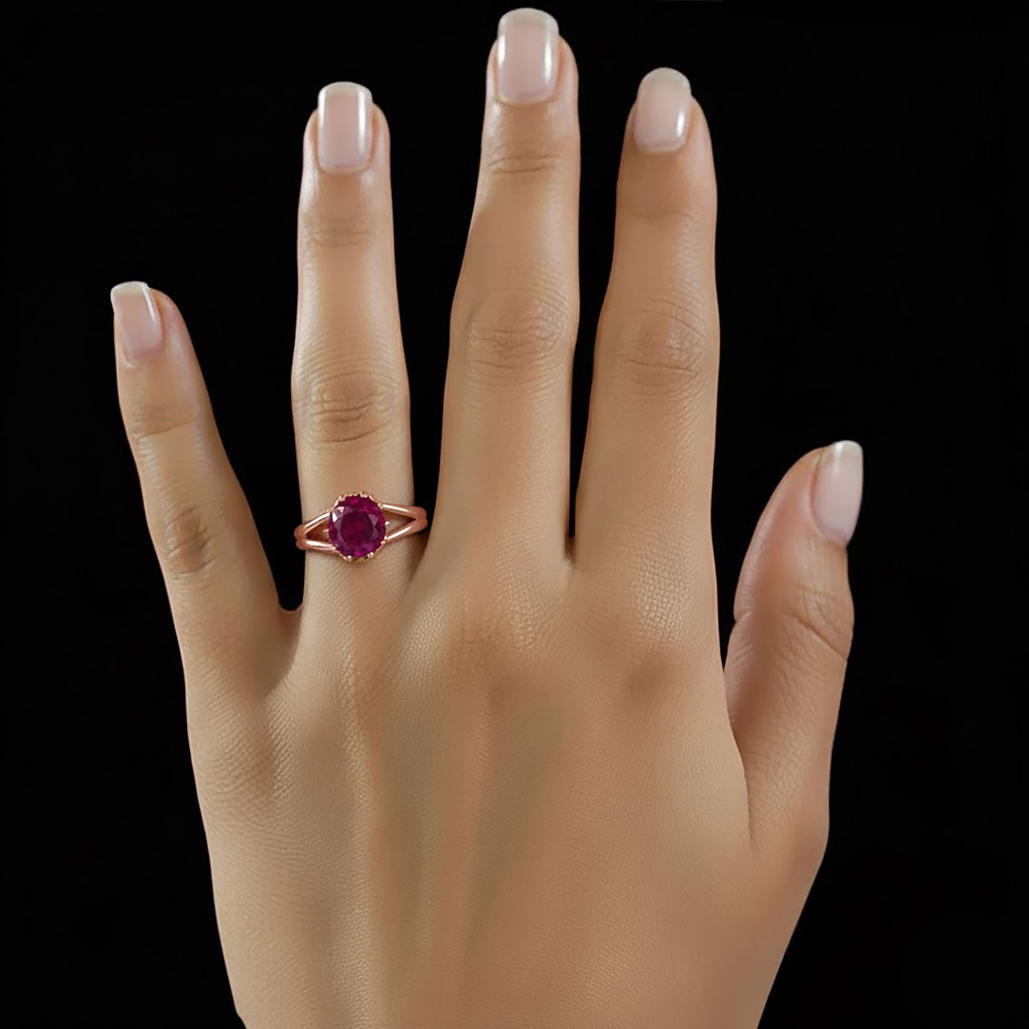 Ruby (Manik) Ring for Women in 18K Rose Gold – Oval 9x8 mm, Prong Setting, 3 g (Design KF-7) thumbnail