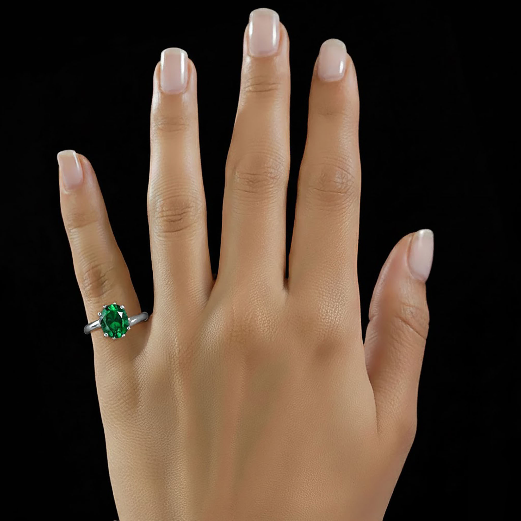 Emerald (Panna) Ring for Women in 925 Sterling Silver – Oval 9x8 mm, Prong Setting, 1.8 g (Design KF-8) thumbnail