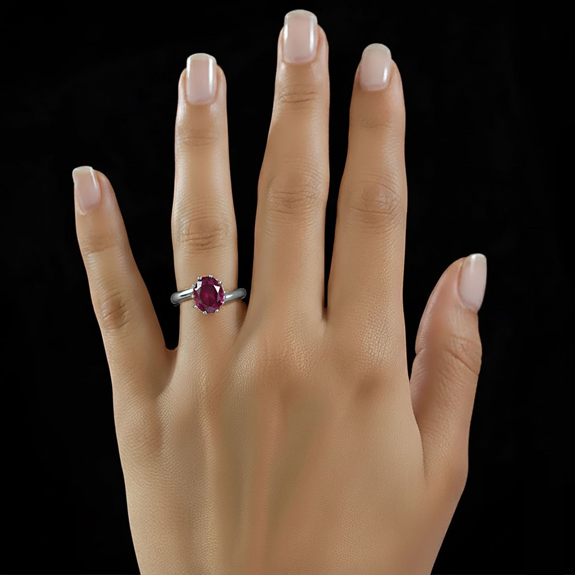 Ruby (Manik) Ring for Women in 18K White Gold – Oval 9x8 mm, Prong Setting, 3 g (Design KF-8) thumbnail