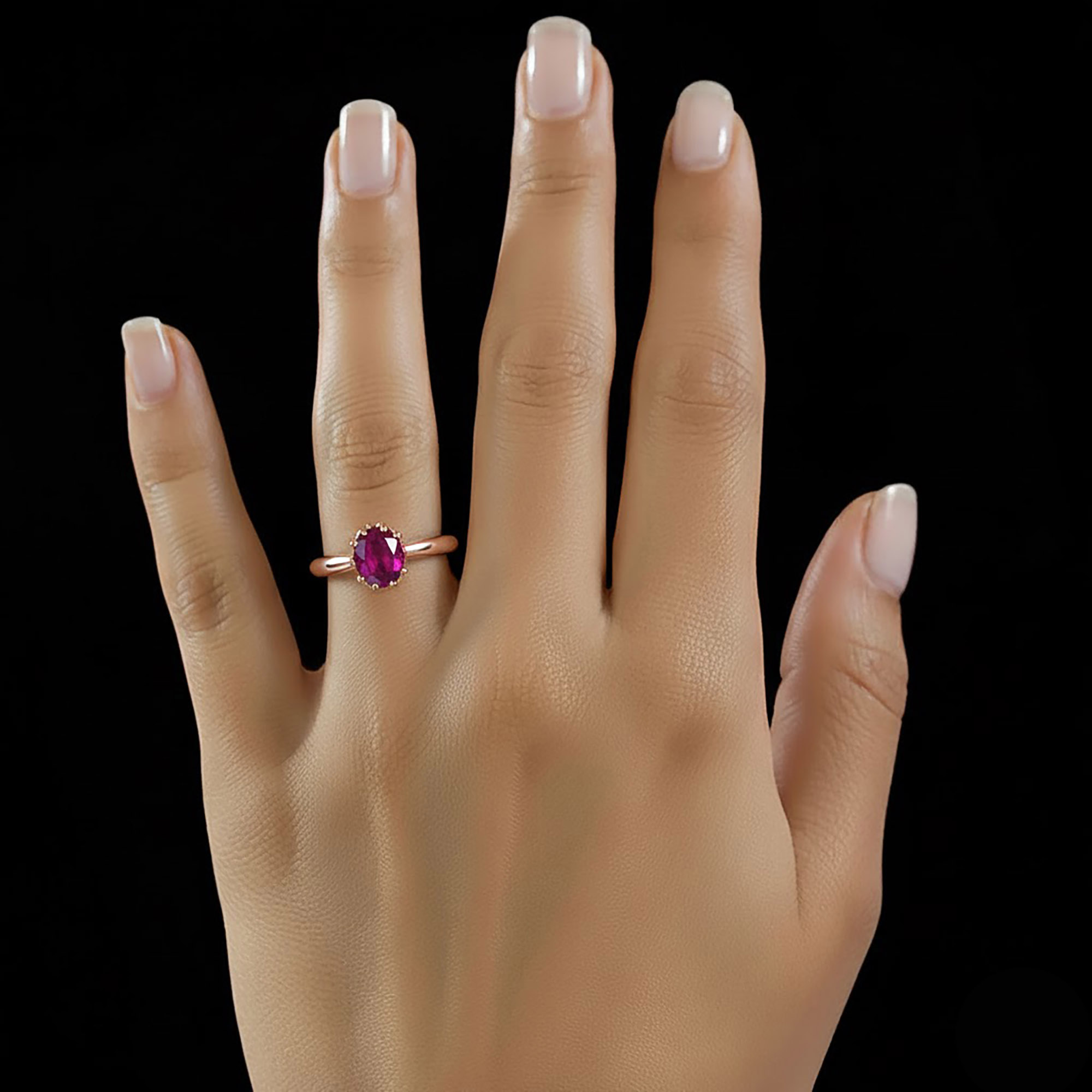 Ruby (Manik) Ring for Women in 18K Rose Gold – Oval 9x8 mm, Prong Setting, 3 g (Design KF-9) thumbnail