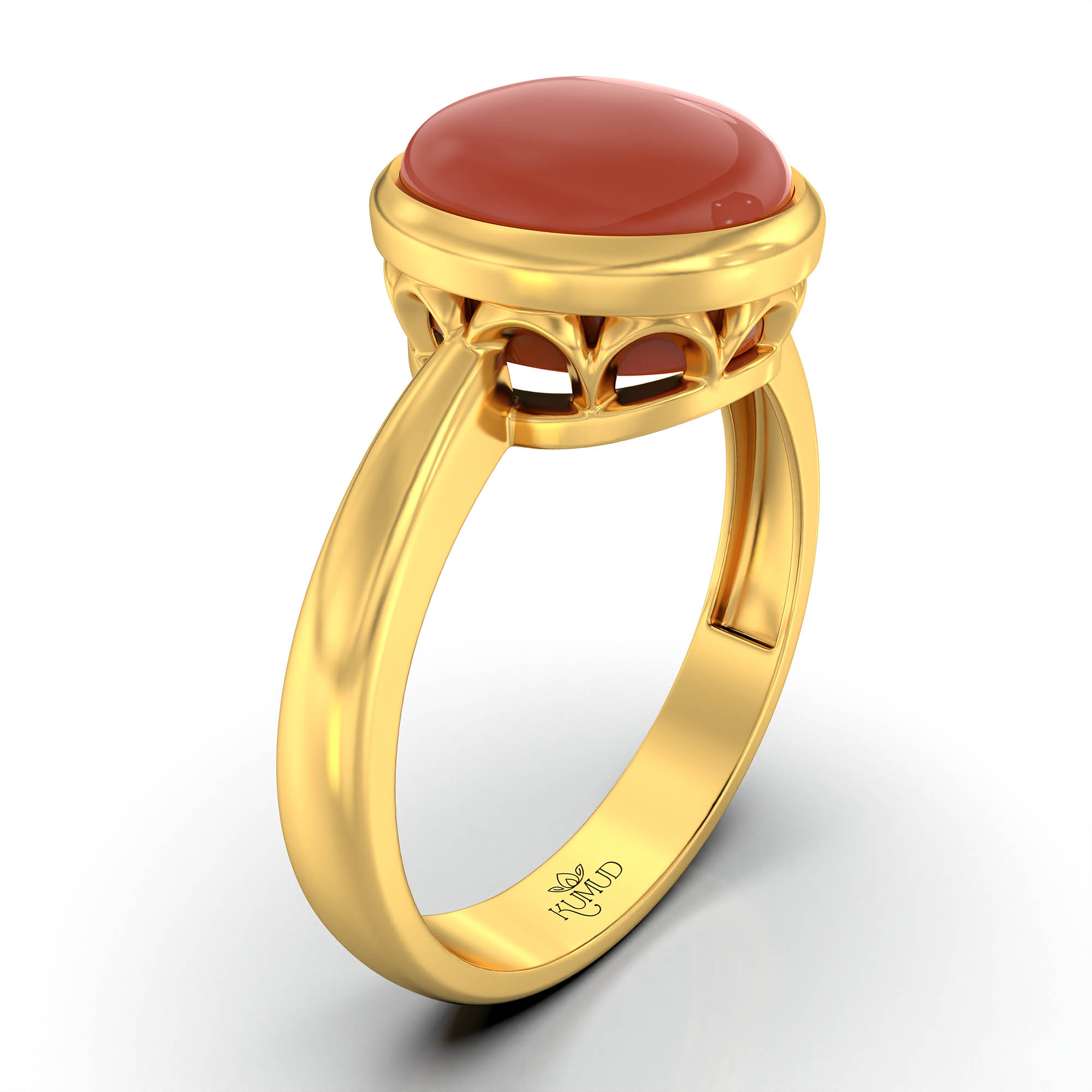 Red Coral (Moonga) Ring for Women in 22K Yellow Gold – Oval Cabochon 9x8 mm, Bezel Setting, 3 g (Design KF-9) thumbnail