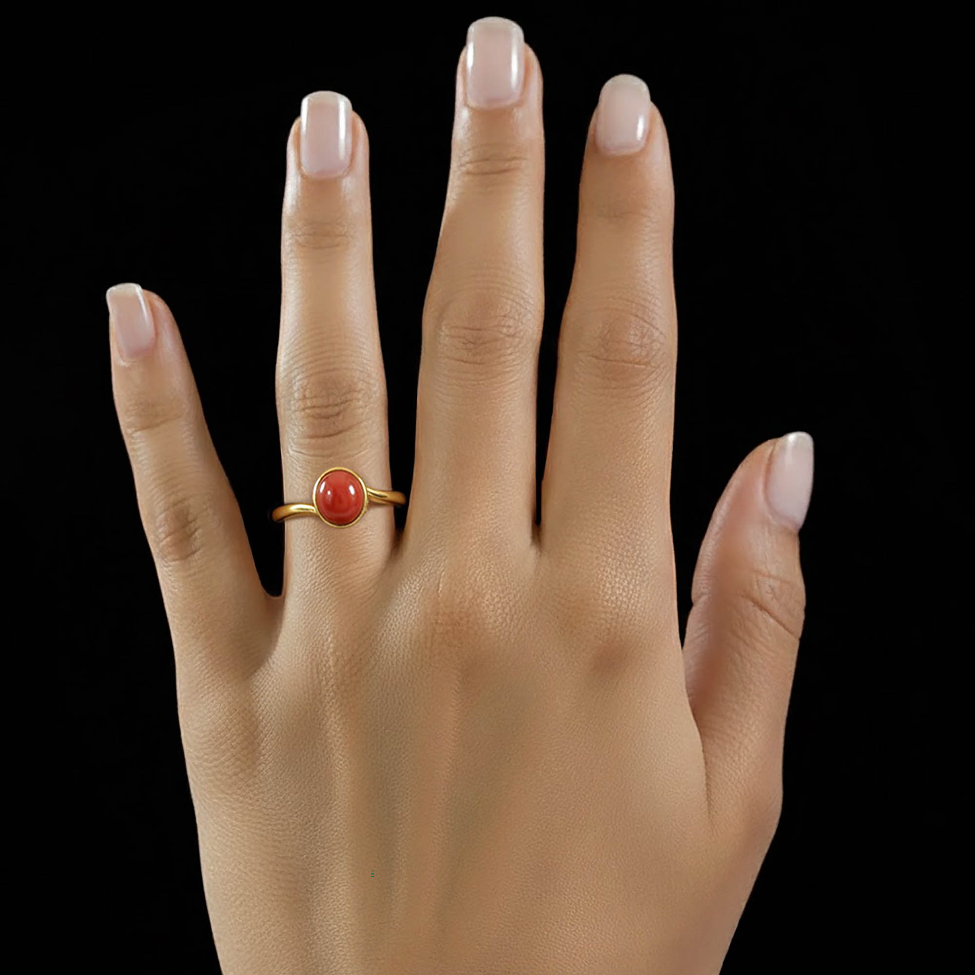 Red Coral (Moonga) Ring for Women in 22K Yellow Gold – Oval Cabochon 9x8 mm, Bezel Setting, 3 g (Design KF-9) thumbnail