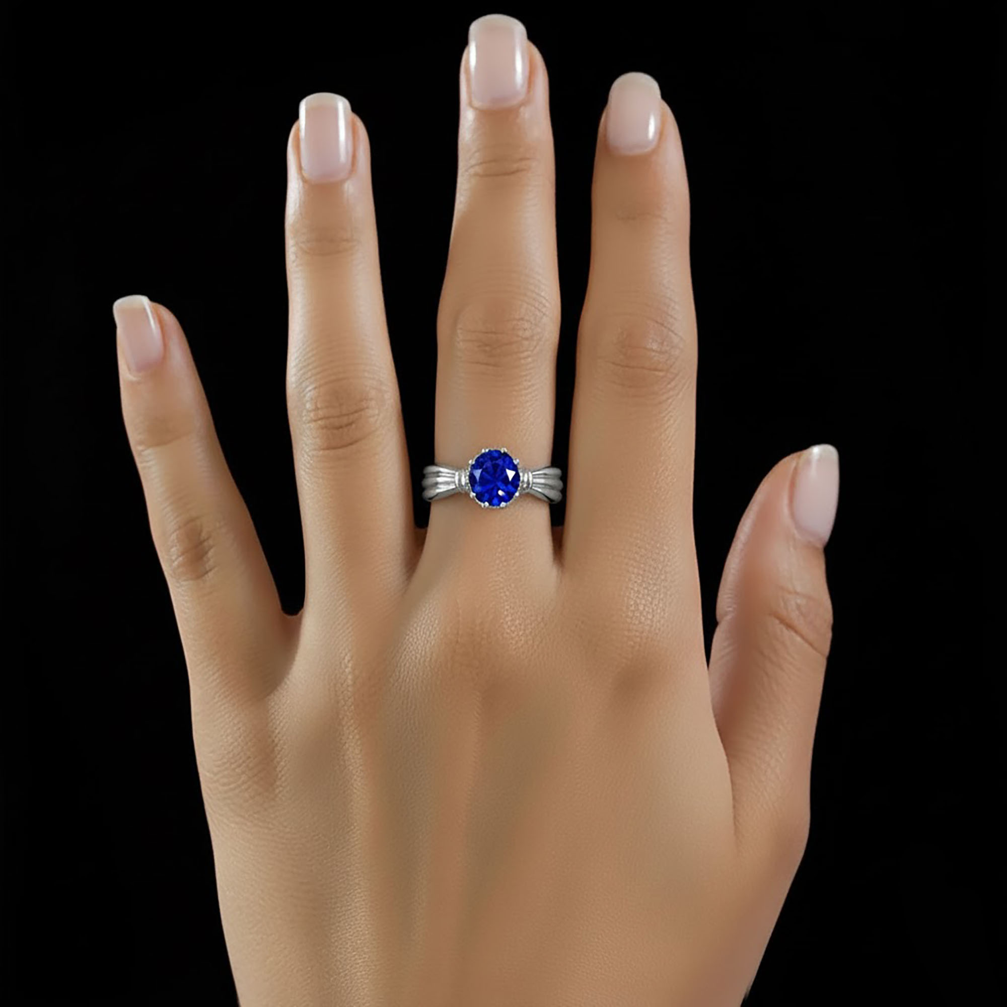 Blue Sapphire (Neelam) Ring for Women in 18K White Gold – Oval 9x8 mm, Prong Setting, 3 g (Design KF-10) thumbnail