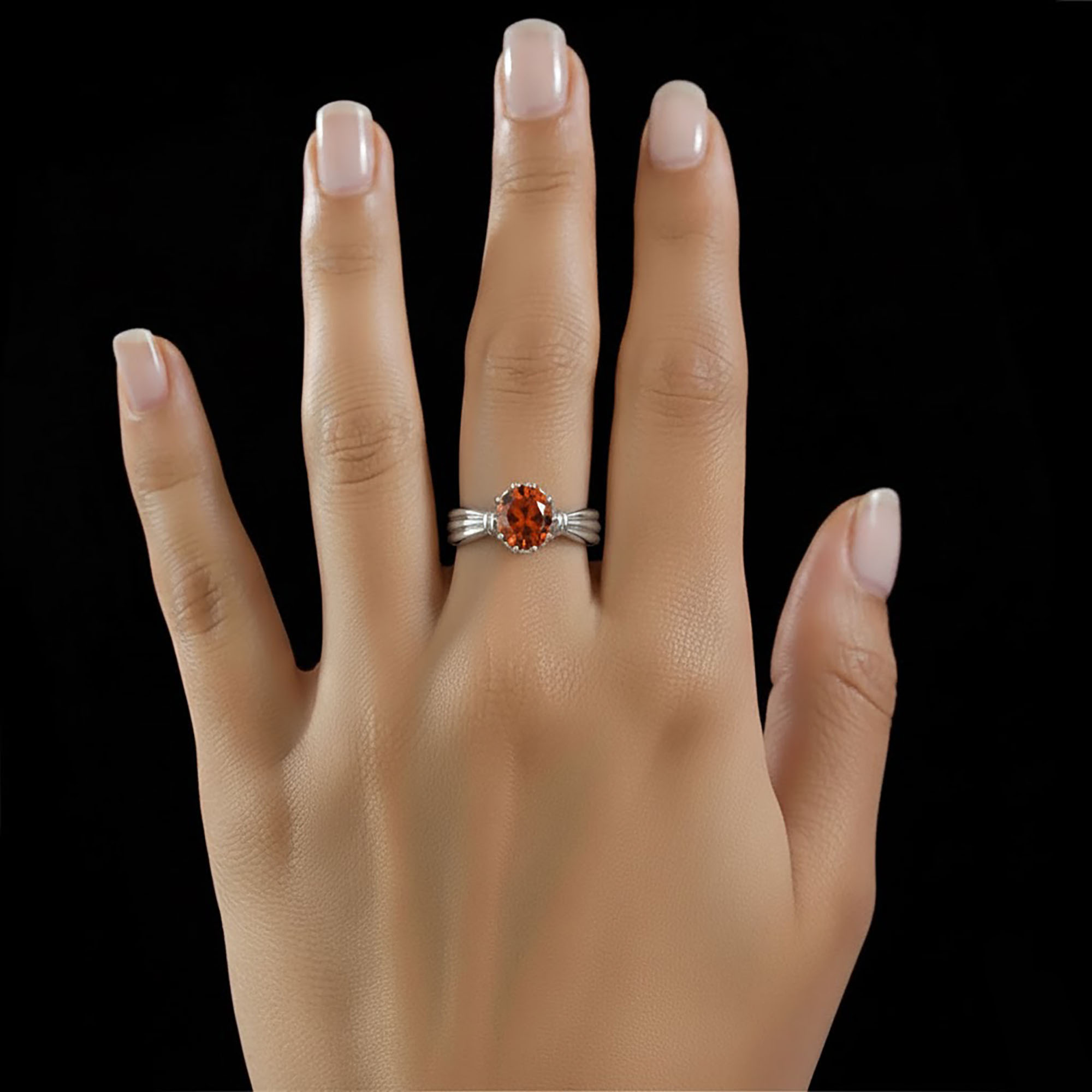Hessonite (Gomed) Ring for Women in 18K White Gold – Oval 9x8 mm, Prong Setting, 3 g (Design KF-10) thumbnail