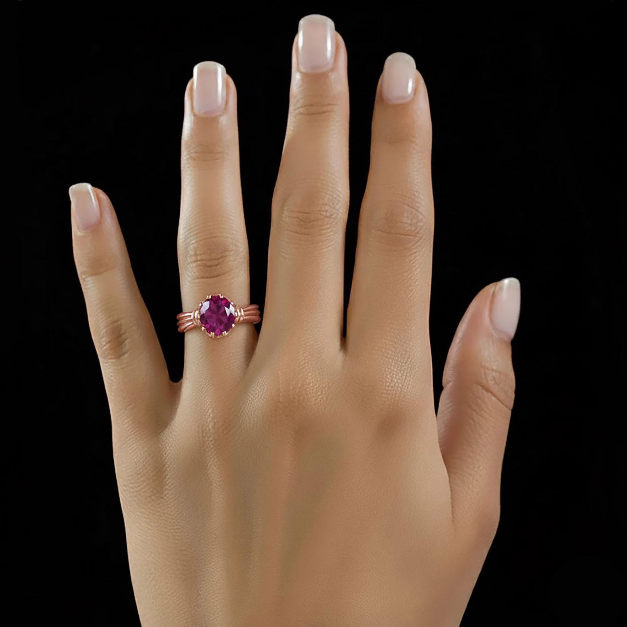 Ruby (Manik) Ring for Women in 18K Rose Gold – Oval 9x8 mm, Prong Setting, 3 g (Design KF-10) thumbnail