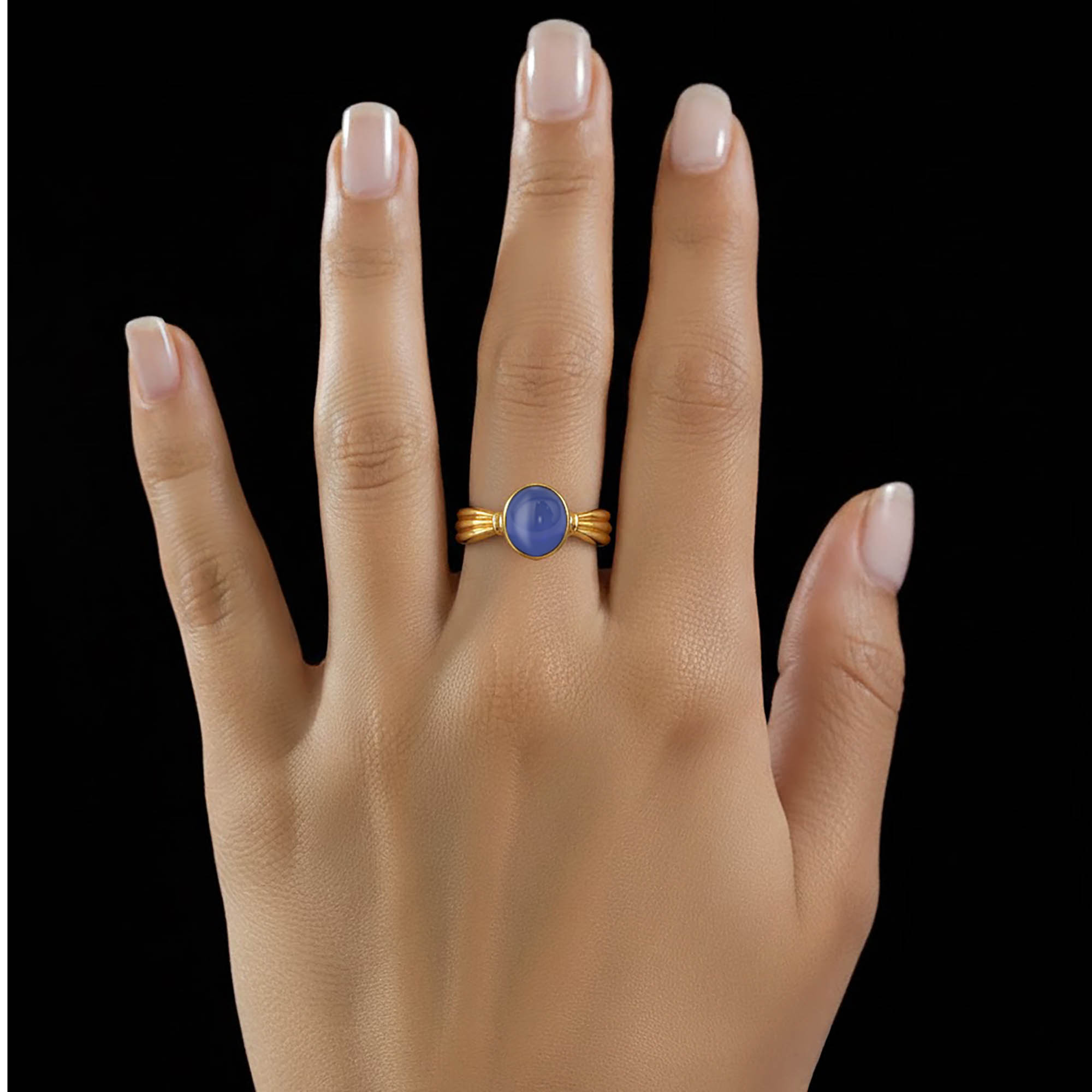 Blue Sapphire (Neelam) Ring for Women in 22K Yellow Gold – Oval Cabochon 9x8 mm, Bezel Setting, 3 g (Design KF-10) thumbnail