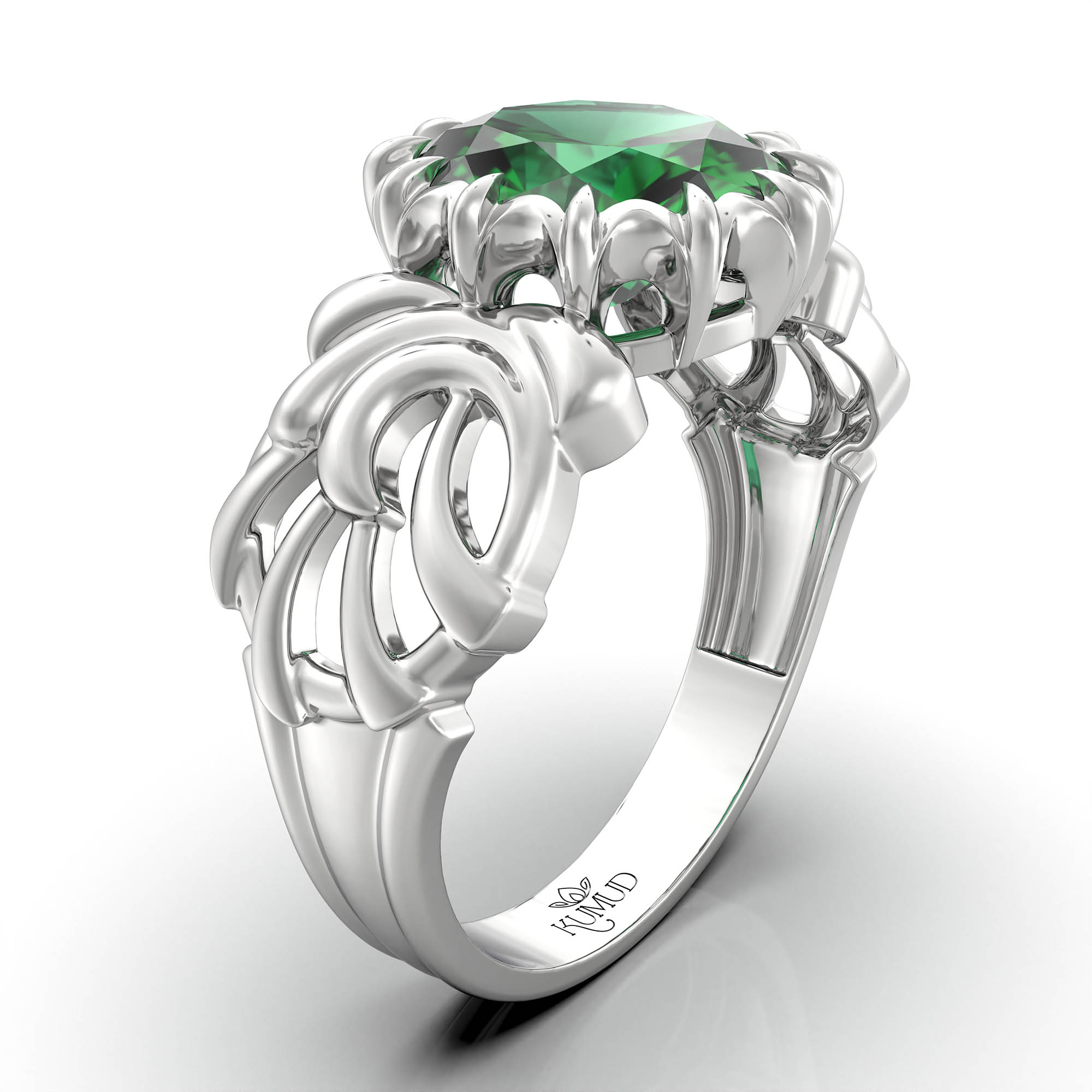 Emerald (Panna) Antique Ring for Women in 18K White Gold – Oval 9x8 mm, Prong Setting, 3 g (Design KA-1) thumbnail