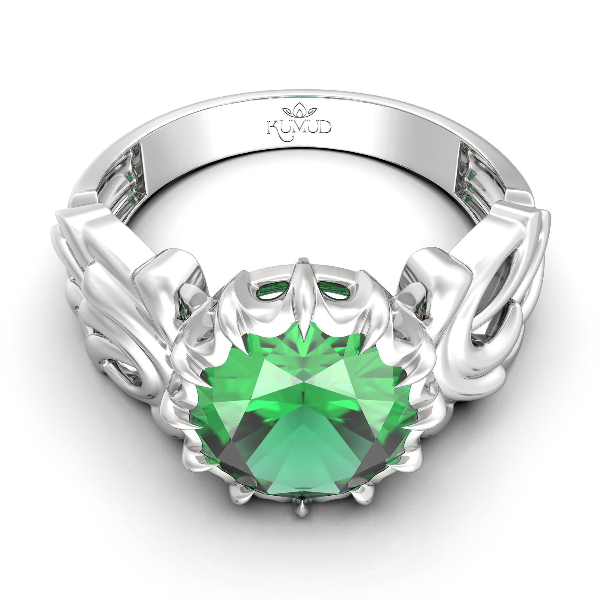 Emerald (Panna) Antique Ring for Women in 18K White Gold – Oval 9x8 mm, Prong Setting, 3 g (Design KA-1) thumbnail