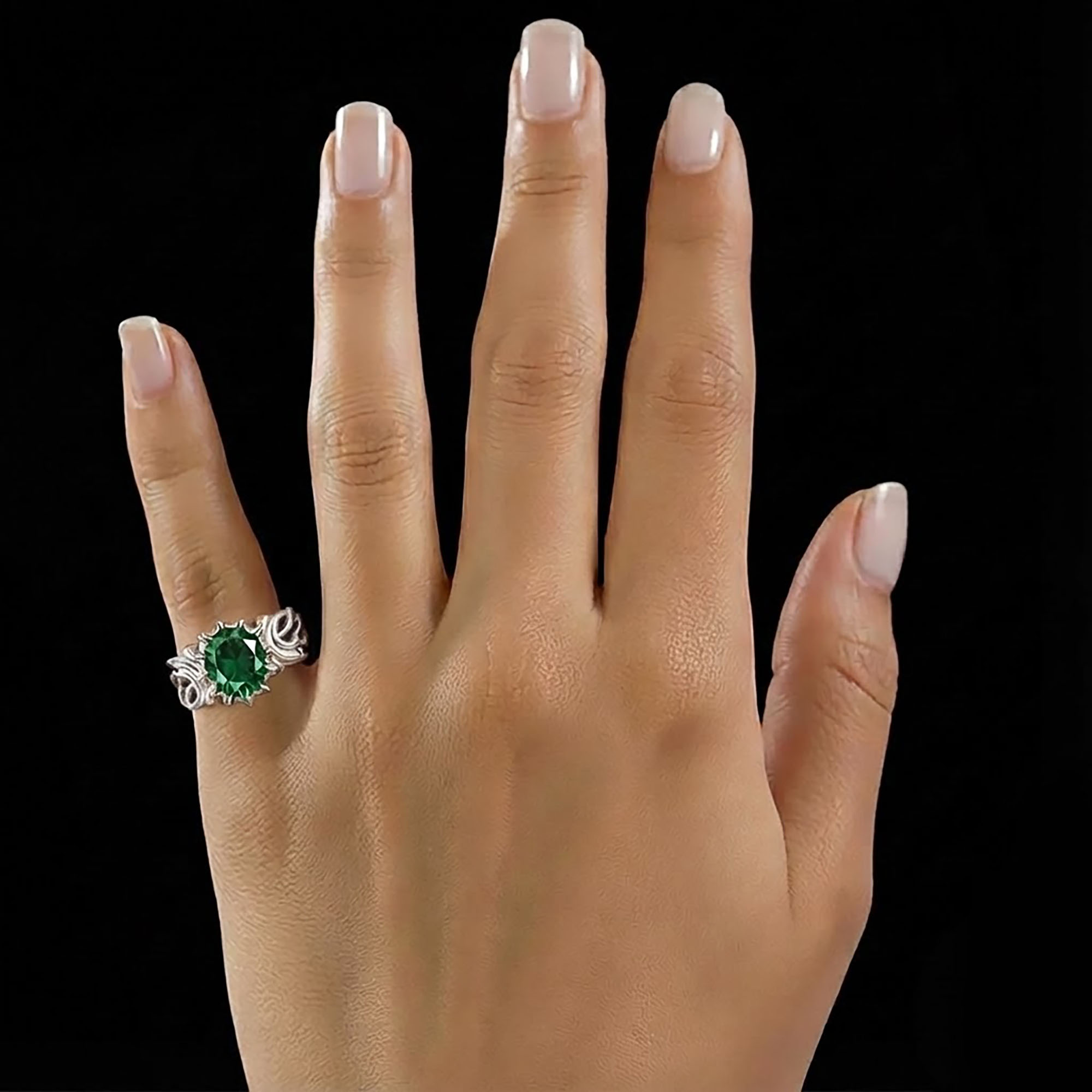 Emerald (Panna) Antique Ring for Women in 18K White Gold – Oval 9x8 mm, Prong Setting, 3 g (Design KA-1) thumbnail