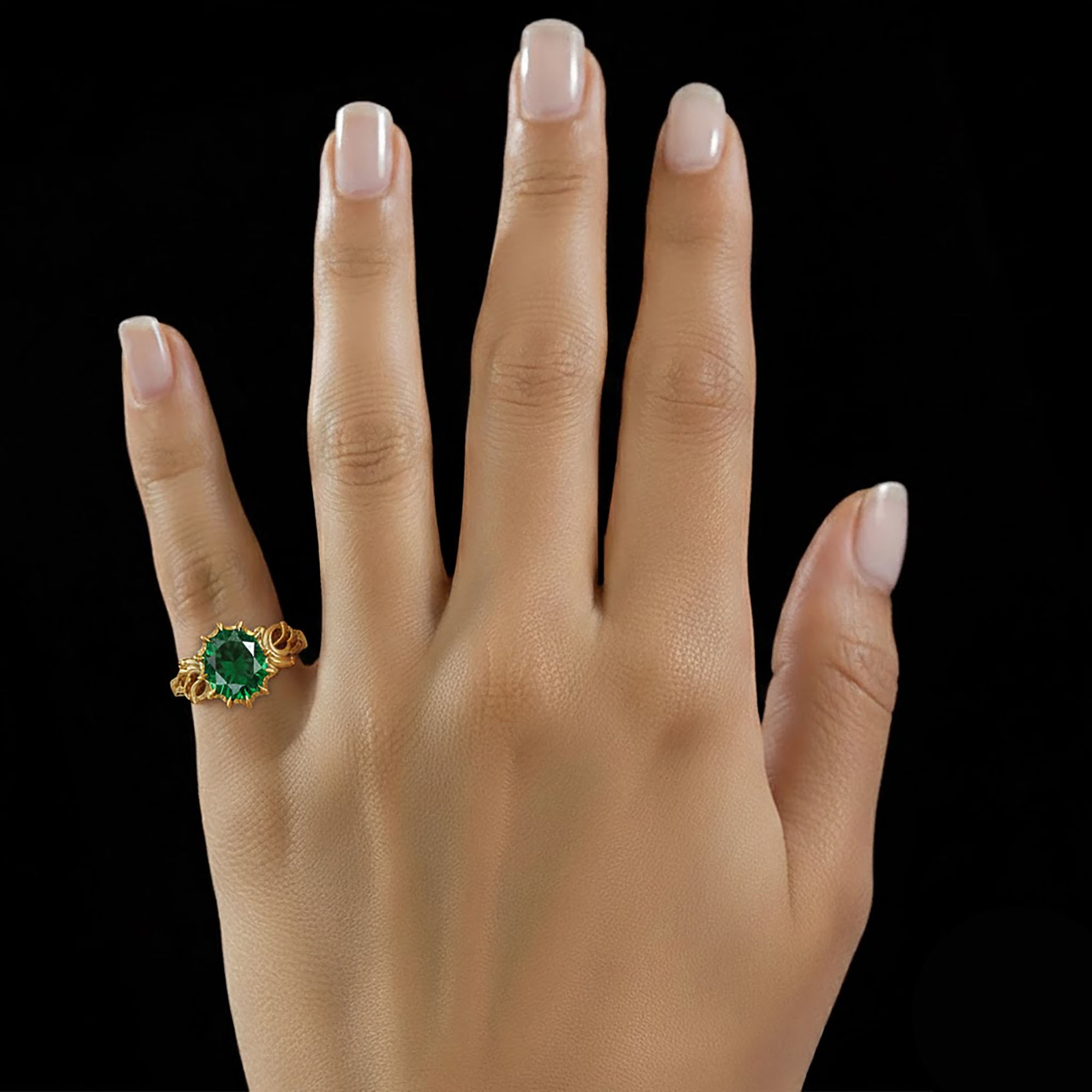Emerald (Panna) Antique Ring for Women in 22K Yellow Gold – Oval 9x8 mm, Prong Setting, 3 g (Design KA-1) thumbnail