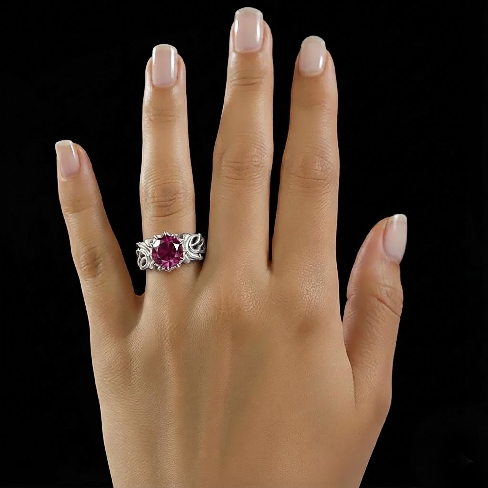 Ruby (Manik) Antique Ring for Women in 18K White Gold – Oval 9x8 mm, Prong Setting, 3 g (Design KA-1) thumbnail
