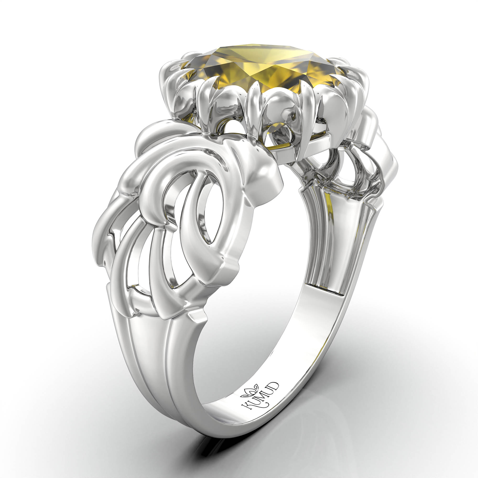 Yellow Sapphire (Pukhraj) Antique Ring for Women in 18K White Gold – Oval 9x8 mm, Prong Setting, 3 g (Design KA-1) thumbnail