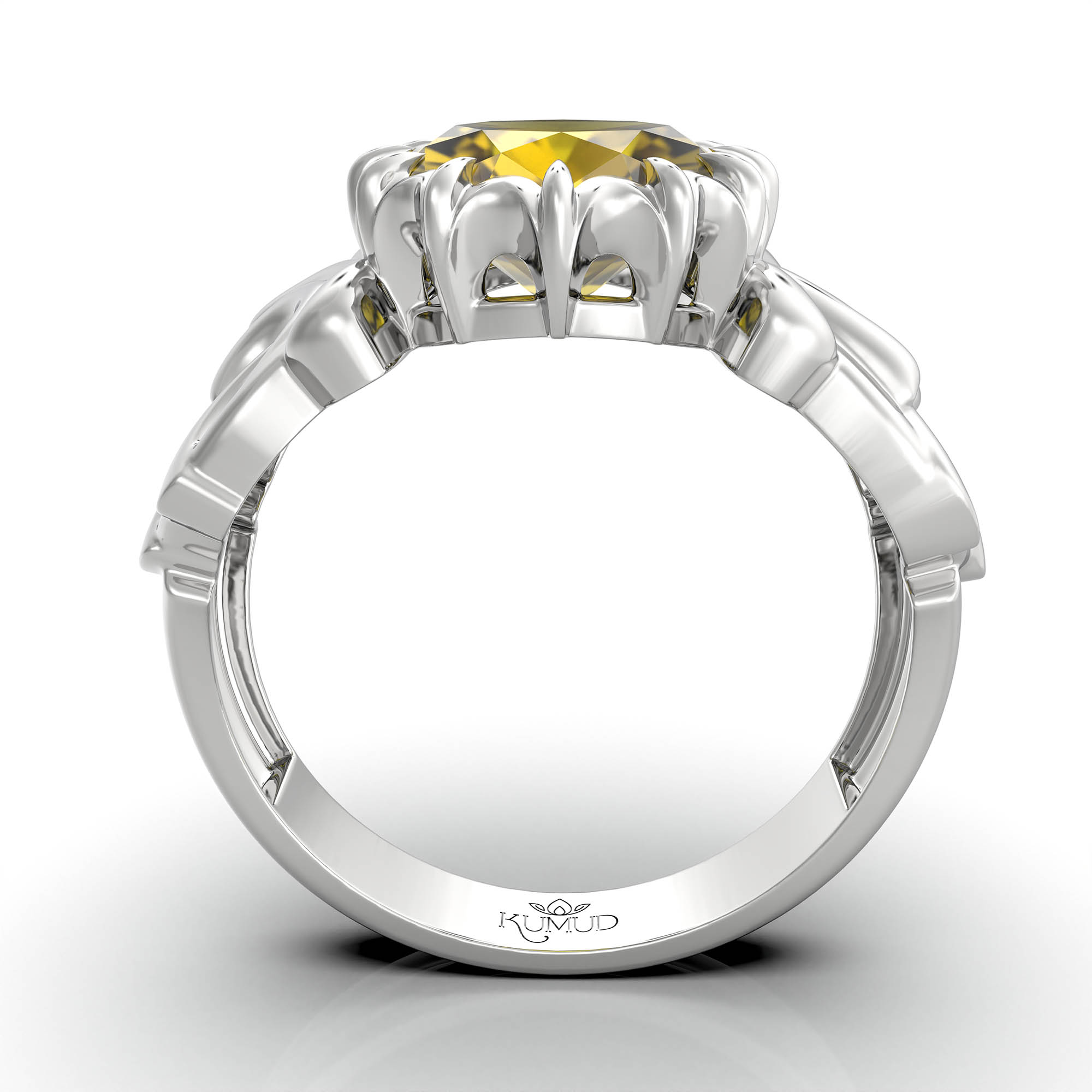 Yellow Sapphire (Pukhraj) Antique Ring for Women in 18K White Gold – Oval 9x8 mm, Prong Setting, 3 g (Design KA-1) thumbnail