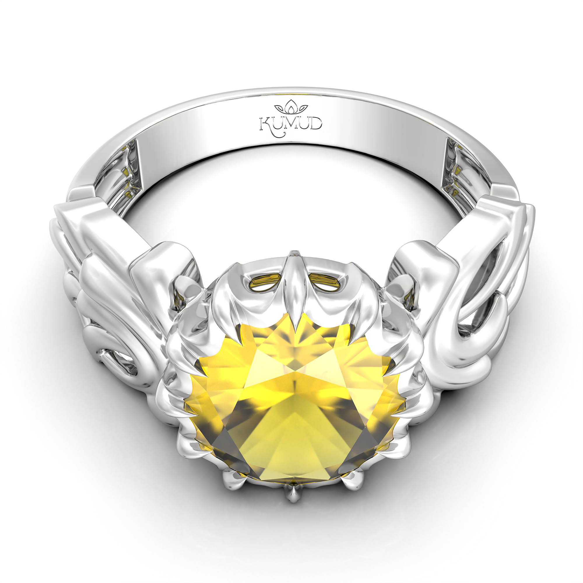 Yellow Sapphire (Pukhraj) Antique Ring for Women in 18K White Gold – Oval 9x8 mm, Prong Setting, 3 g (Design KA-1) thumbnail