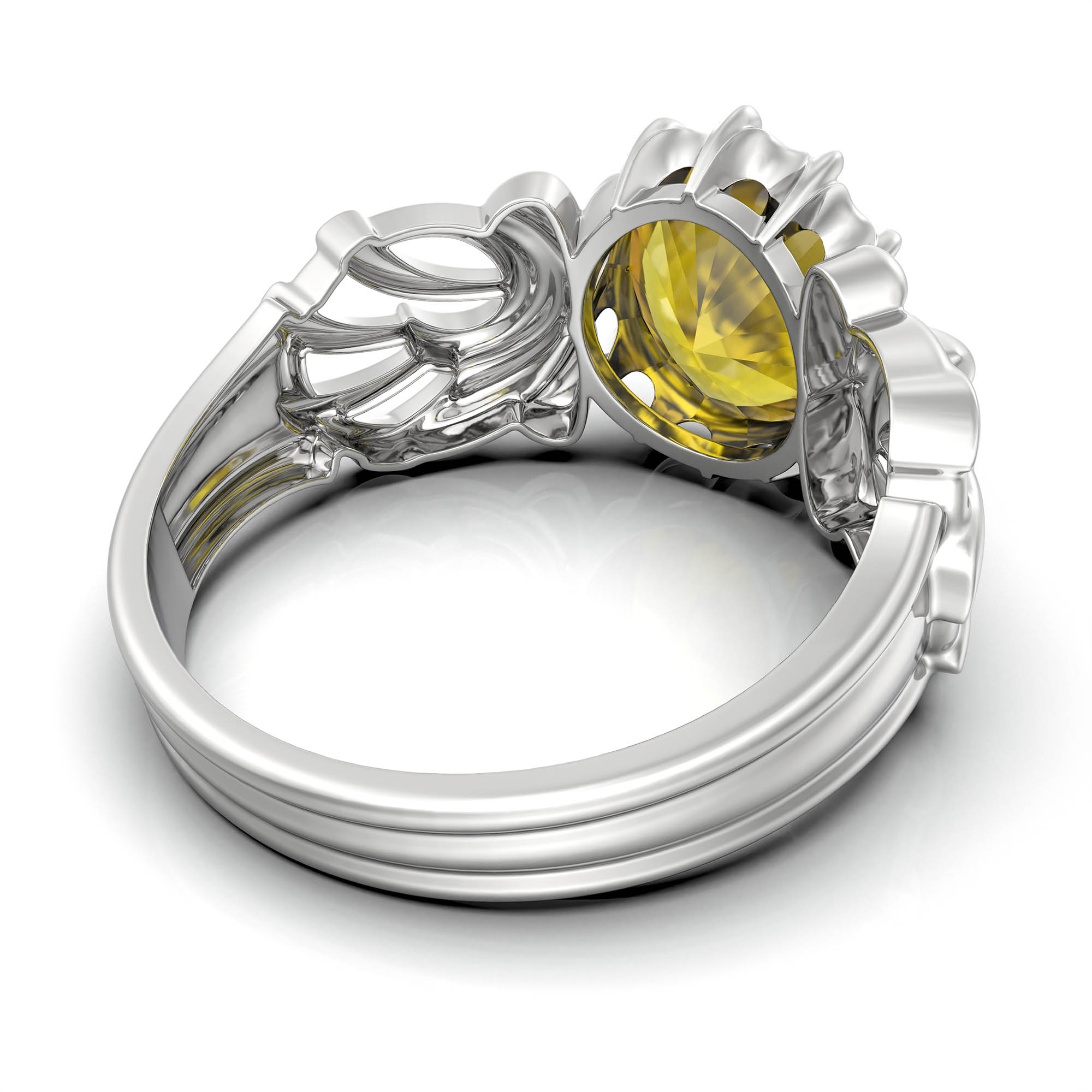 Yellow Sapphire (Pukhraj) Antique Ring for Women in 18K White Gold – Oval 9x8 mm, Prong Setting, 3 g (Design KA-1) thumbnail