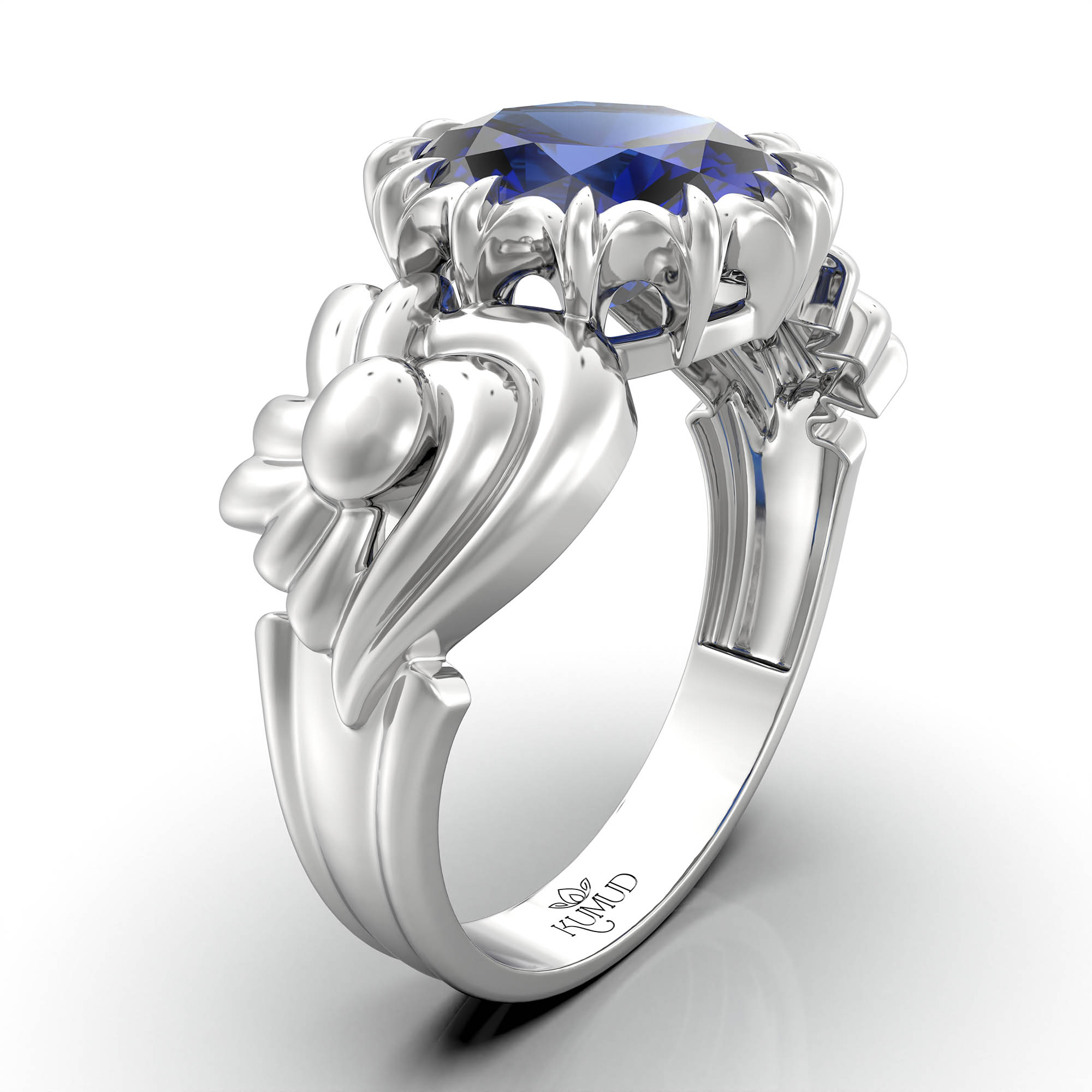 Blue Sapphire (Neelam) Antique Ring for Women in 18K White Gold – Oval 9x8 mm, Prong Setting, 3 g (Design KA-2) thumbnail