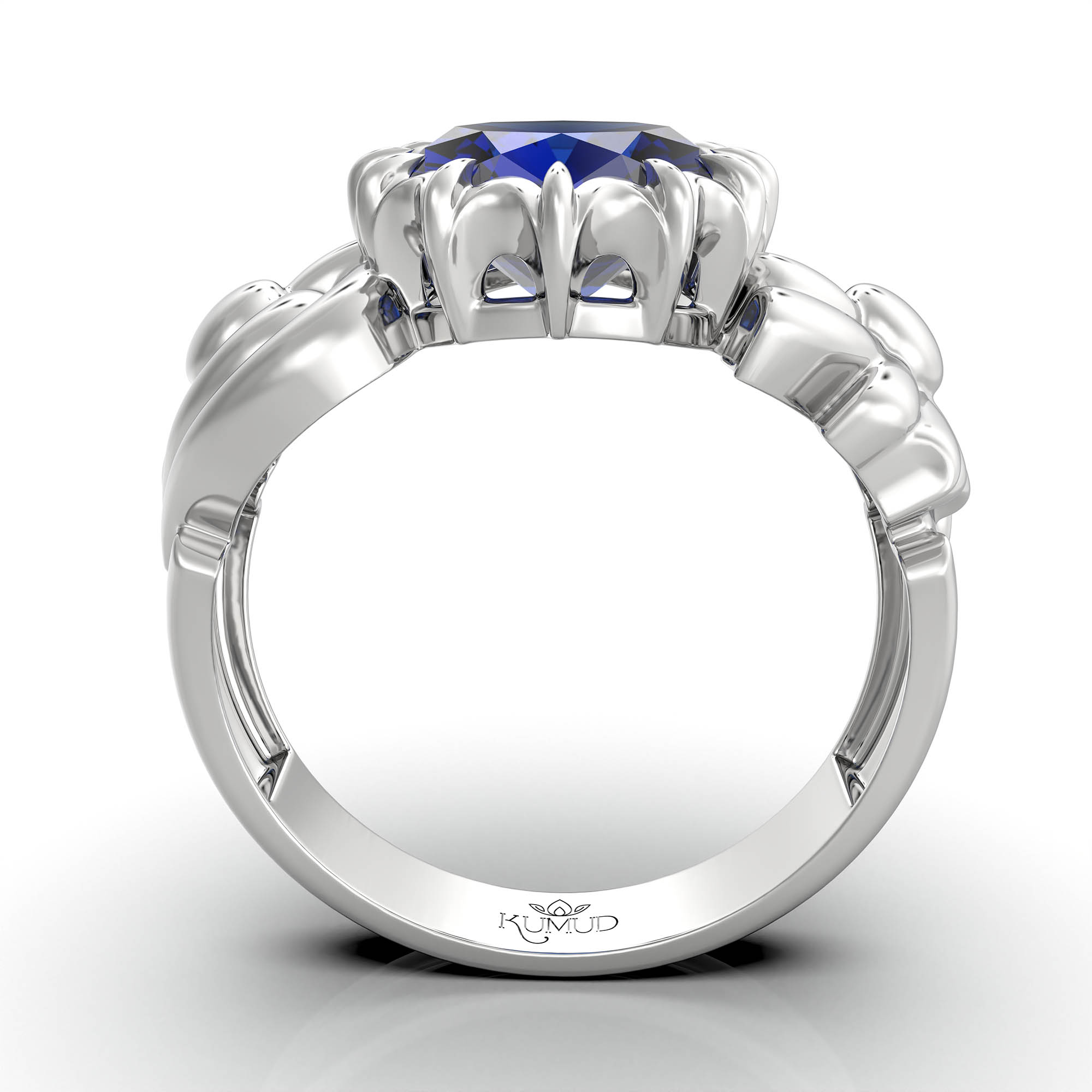 Blue Sapphire (Neelam) Antique Ring for Women in 18K White Gold – Oval 9x8 mm, Prong Setting, 3 g (Design KA-2) thumbnail