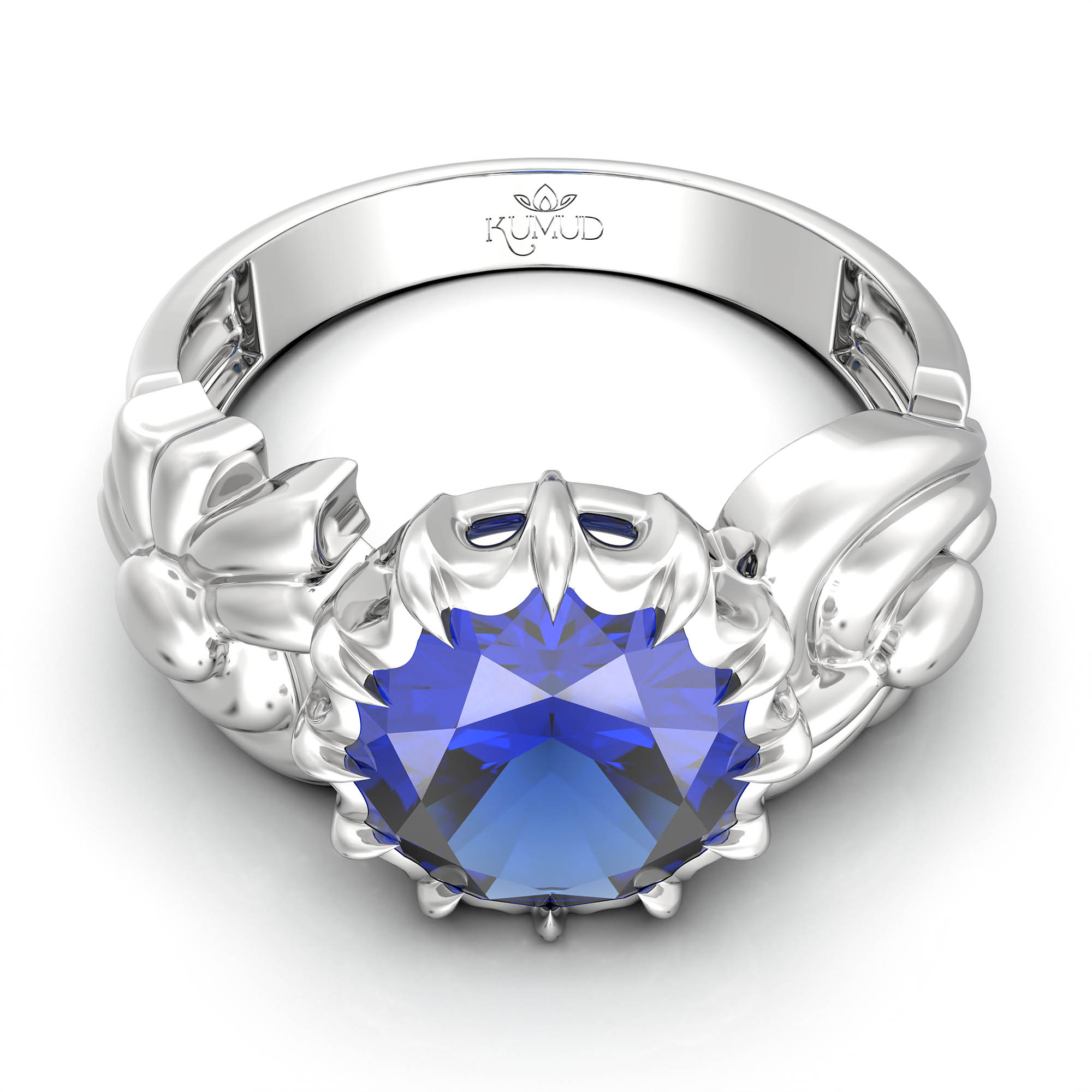 Blue Sapphire (Neelam) Antique Ring for Women in 18K White Gold – Oval 9x8 mm, Prong Setting, 3 g (Design KA-2) thumbnail