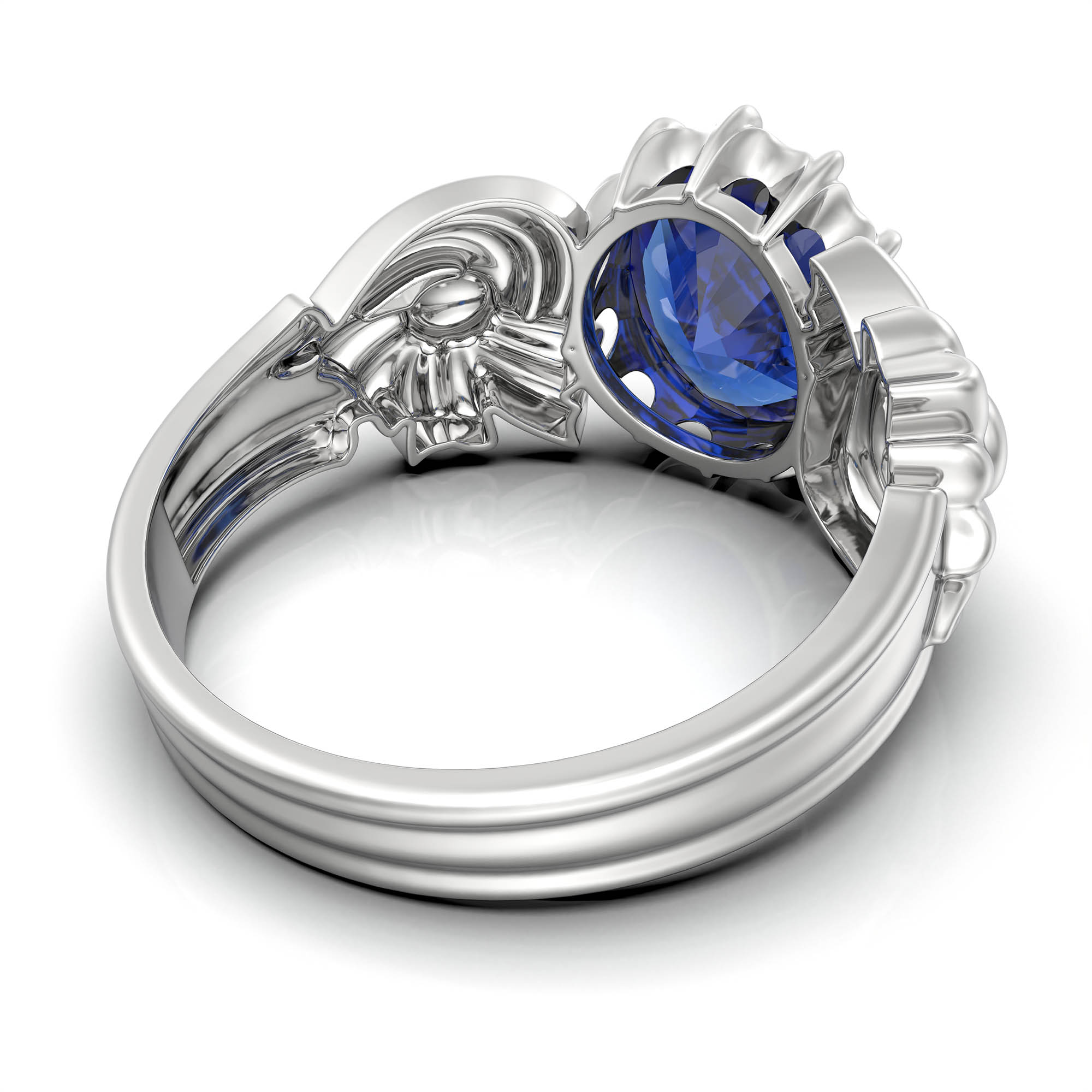 Blue Sapphire (Neelam) Antique Ring for Women in 18K White Gold – Oval 9x8 mm, Prong Setting, 3 g (Design KA-2) thumbnail